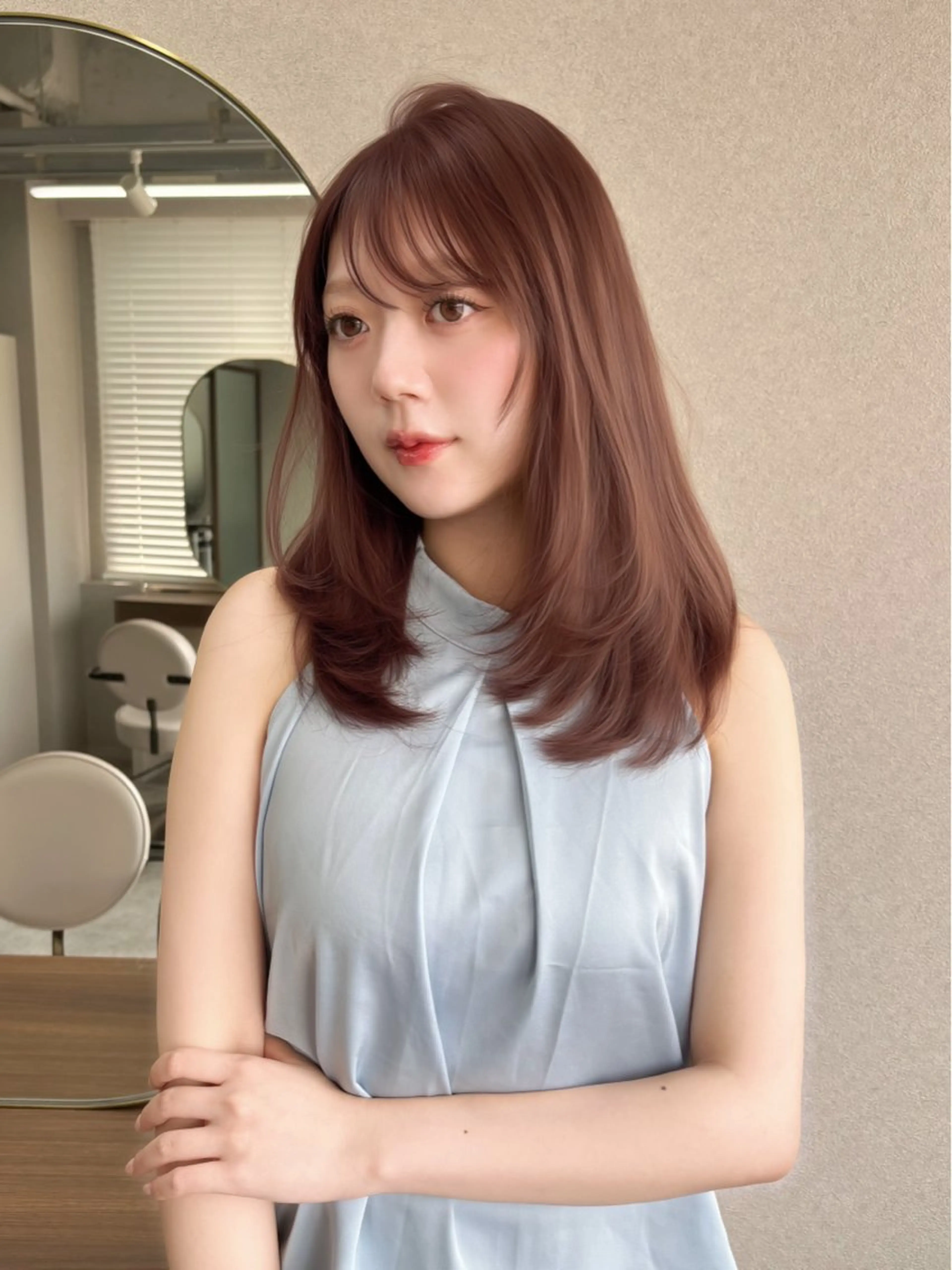 セミロング カラー ブラウンカラー マロンブラウン 韓国風ヘア レイヤーカット カット ヘアカラー トリートメント 藤野 結衣のヘアスタイル