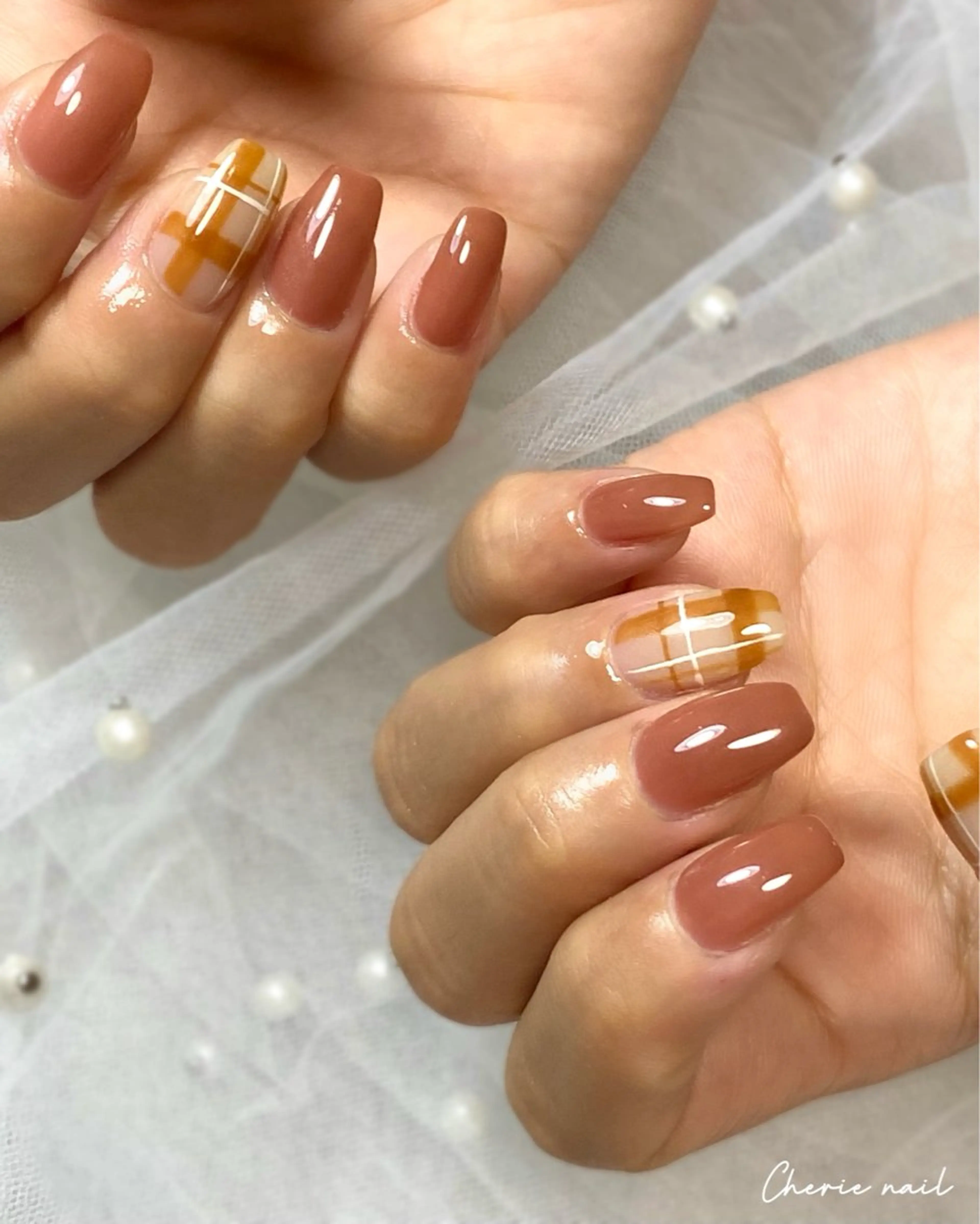 ネイル ブラウン ジェルネイル オフィスネイル ピンク Cherienail yunaのネイルデザイン