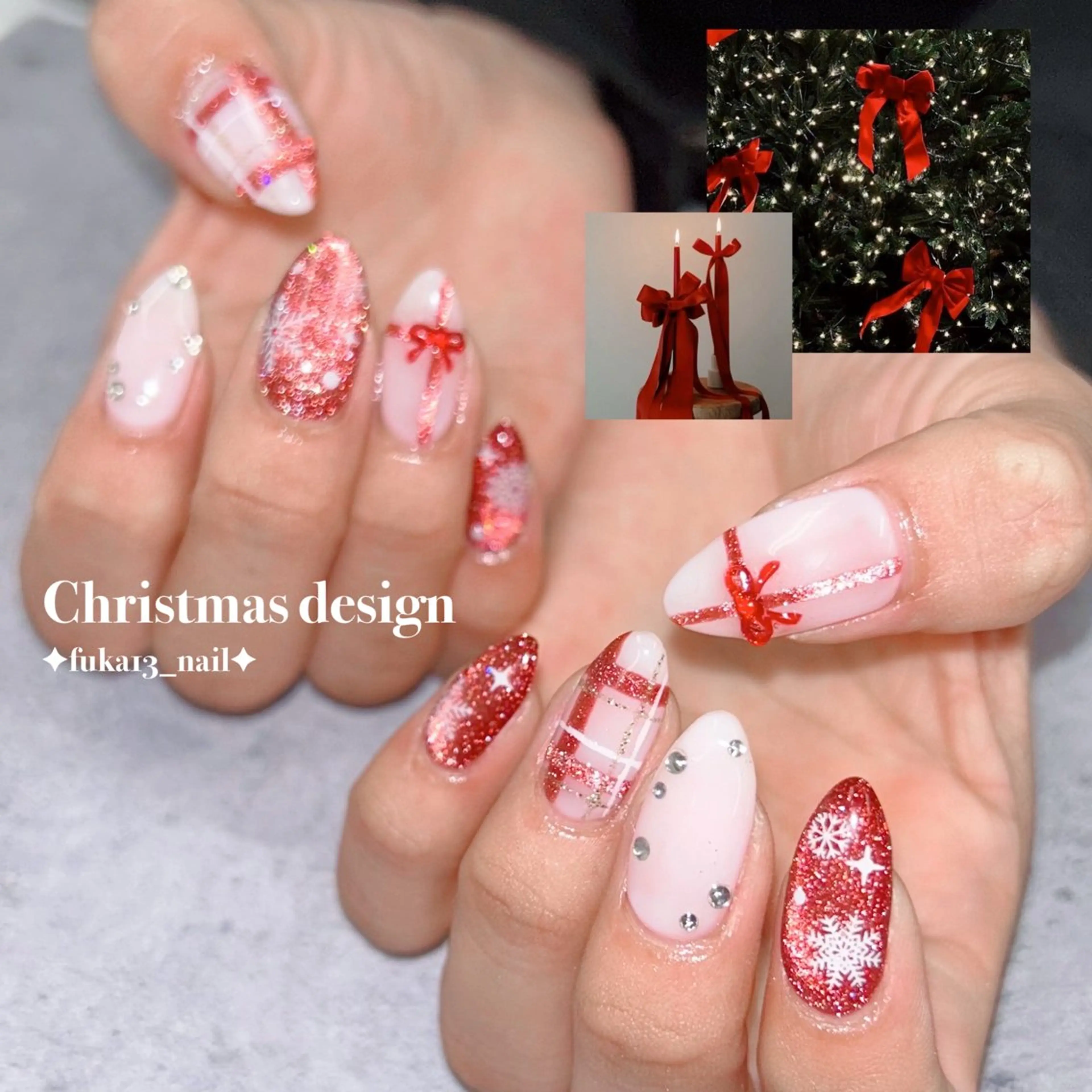 ネイル キラキラネイル 韓国ネイル リボン 冬ネイル クリスマス ハンドネイル Nail♡Fuka. /4月予約受付中のネイルデザイン