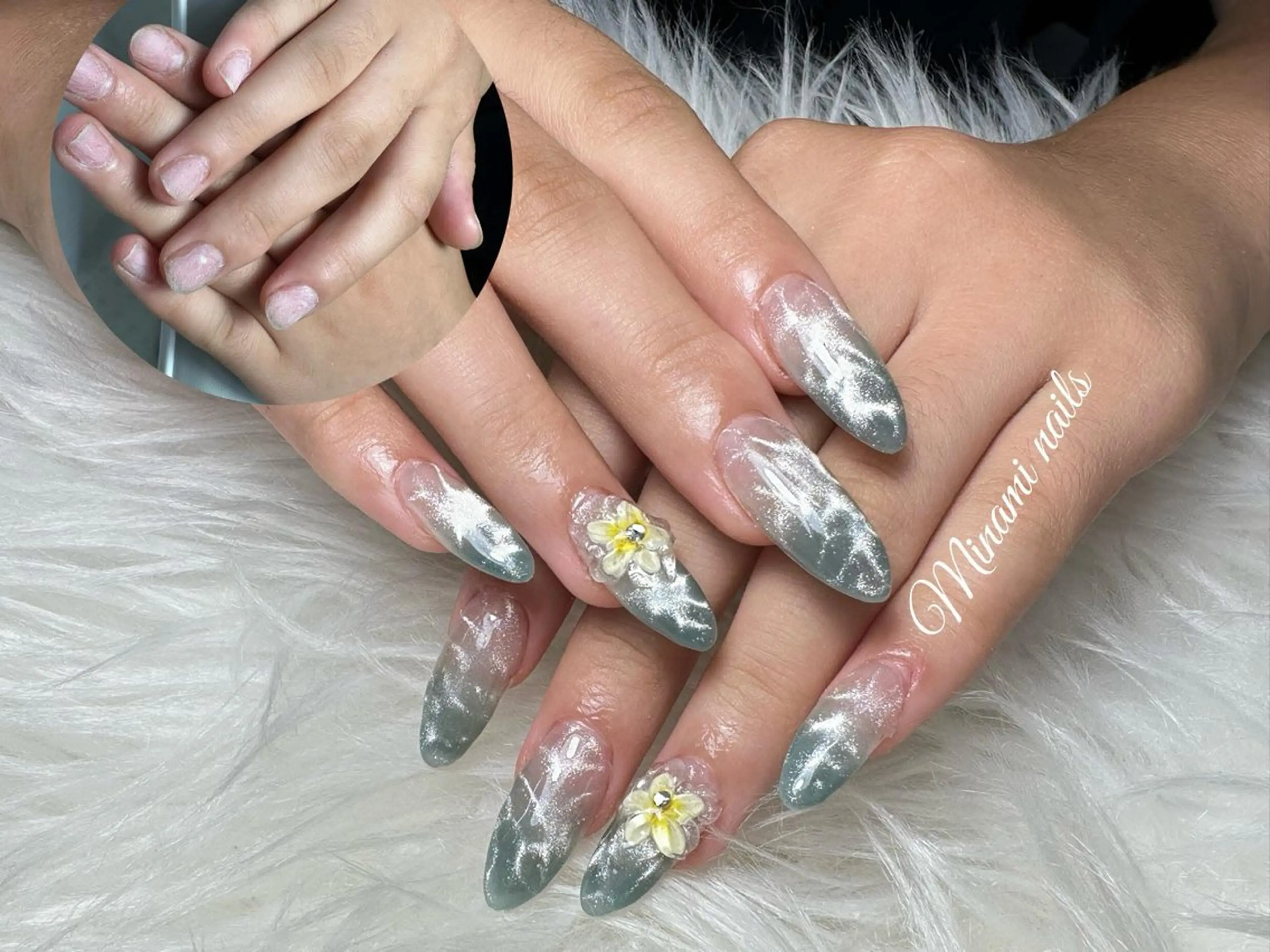 ネイル フラワーネイル グラデーション シルバー Minami Nailsのネイルデザイン