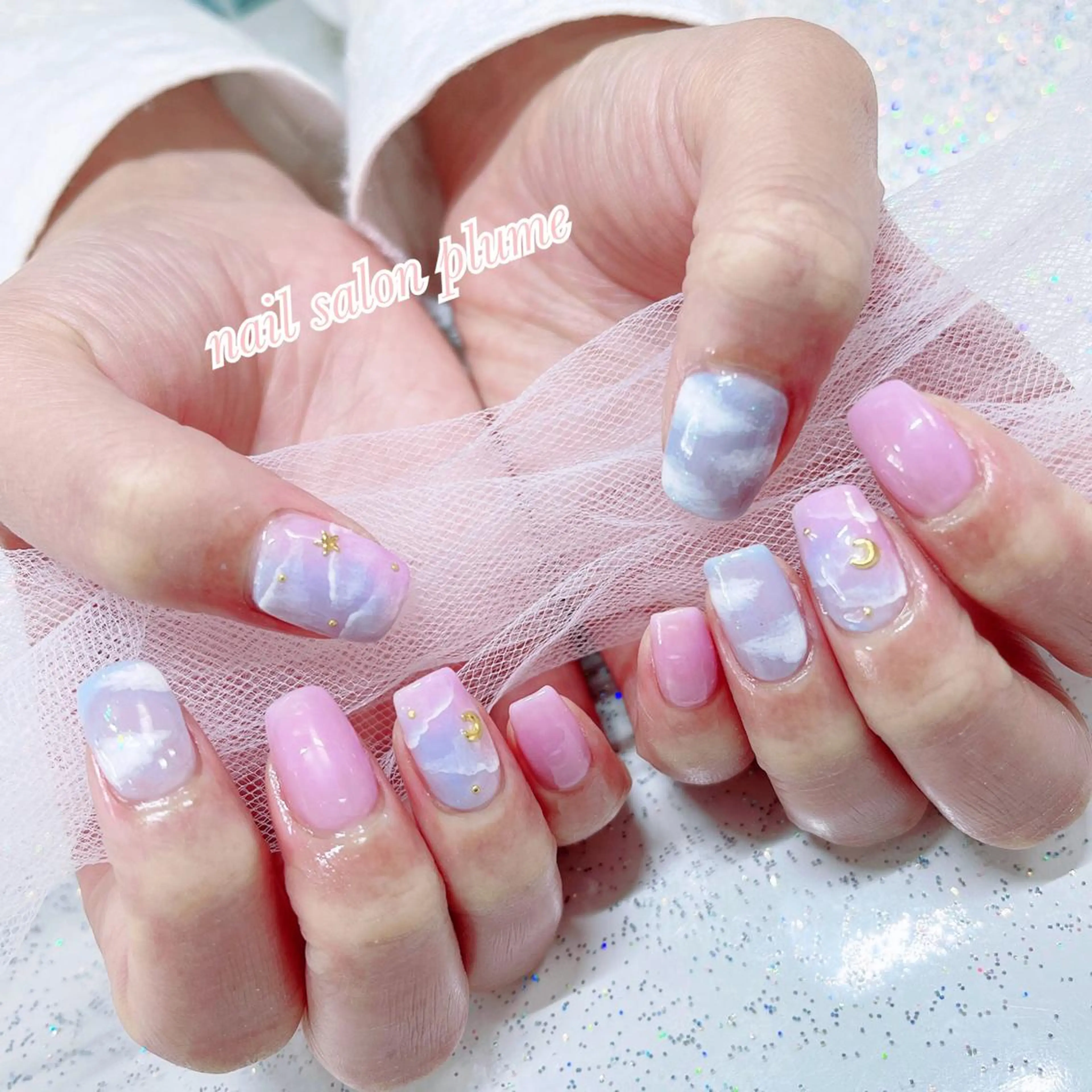 ネイル アートネイル オーロラネイル ブルー ガーリー ハート ハンドネイル plume nail ☆韓国ネイルのネイルデザイン