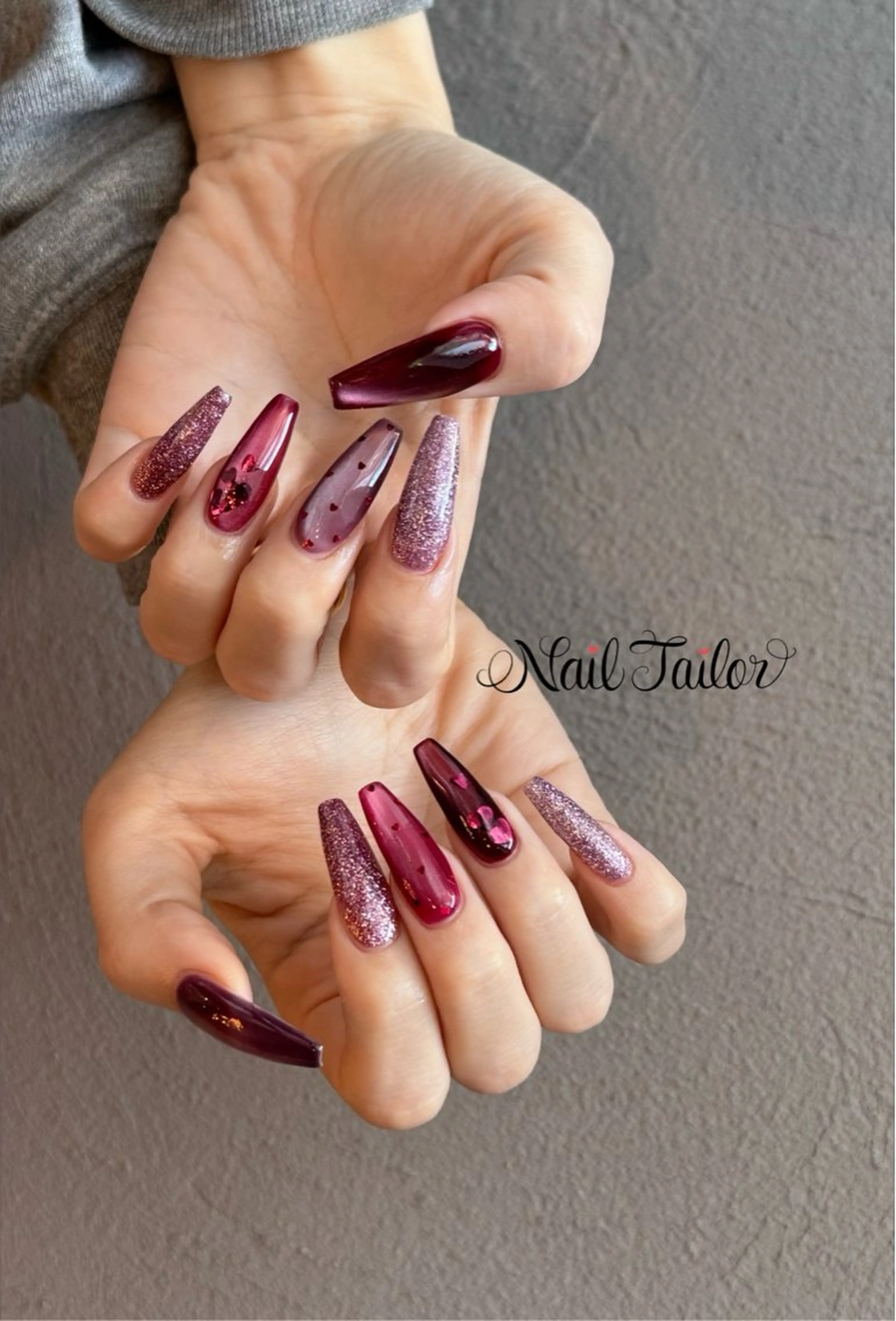 ネイル ボルドー ハート ラメ(グリッター) バレンタイン ハンドネイル 〜Nail Tailor〜　ネイルテイラー所属・NailTailor ネイルテイラーのネイルデザイン
