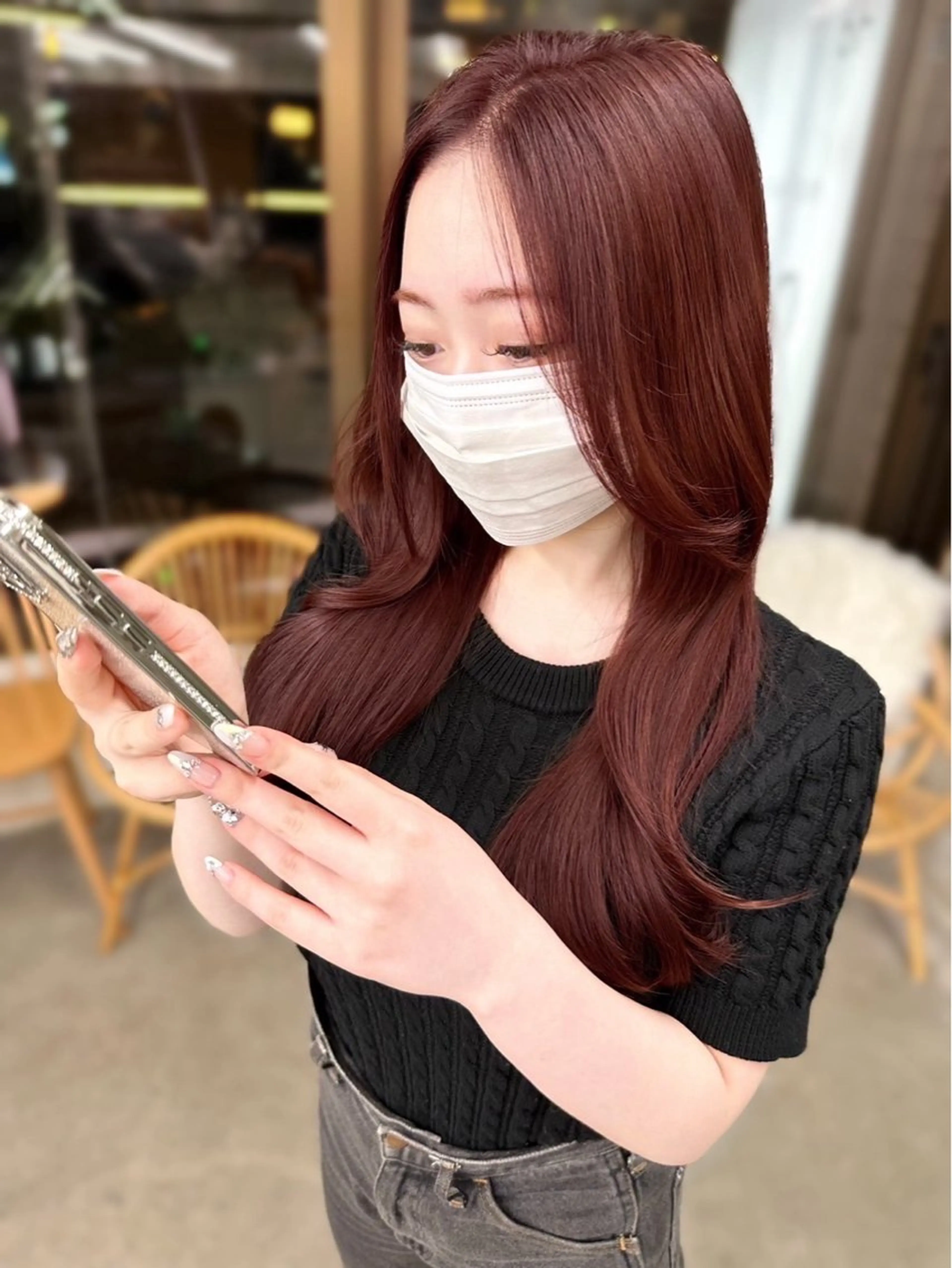 セミロング レッドブラウン 韓国風ヘア トリートメント 盛れる顔周り /透明感/かりん🎀のヘアスタイル