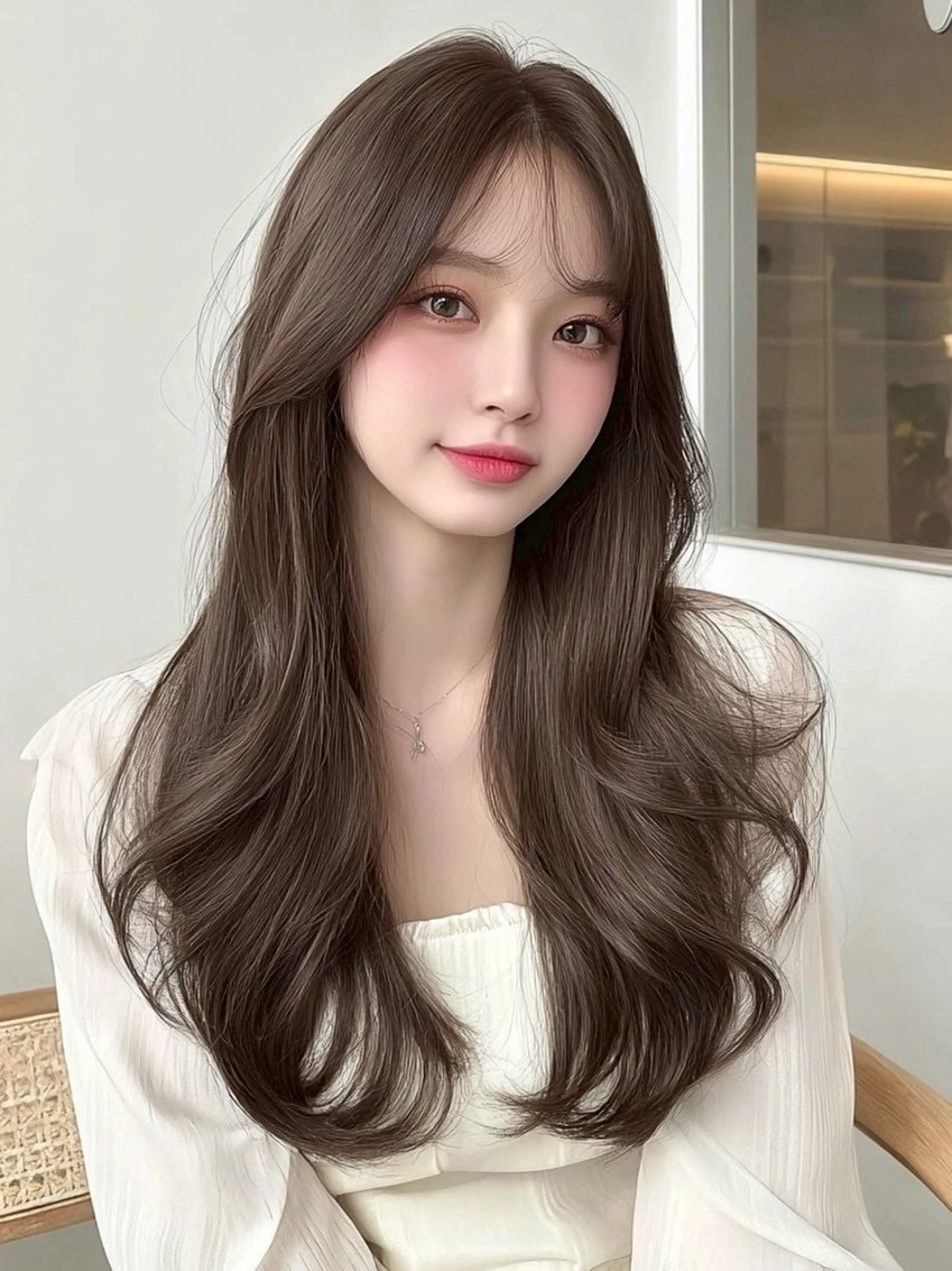 ロング カラー 透明感カラー くびれヘア 顔周りカット ヨシンモリ 韓国風ヘア カット ヘアカラー トリートメント レイヤーカット/ 髪質改善/透カラーのヘアスタイル