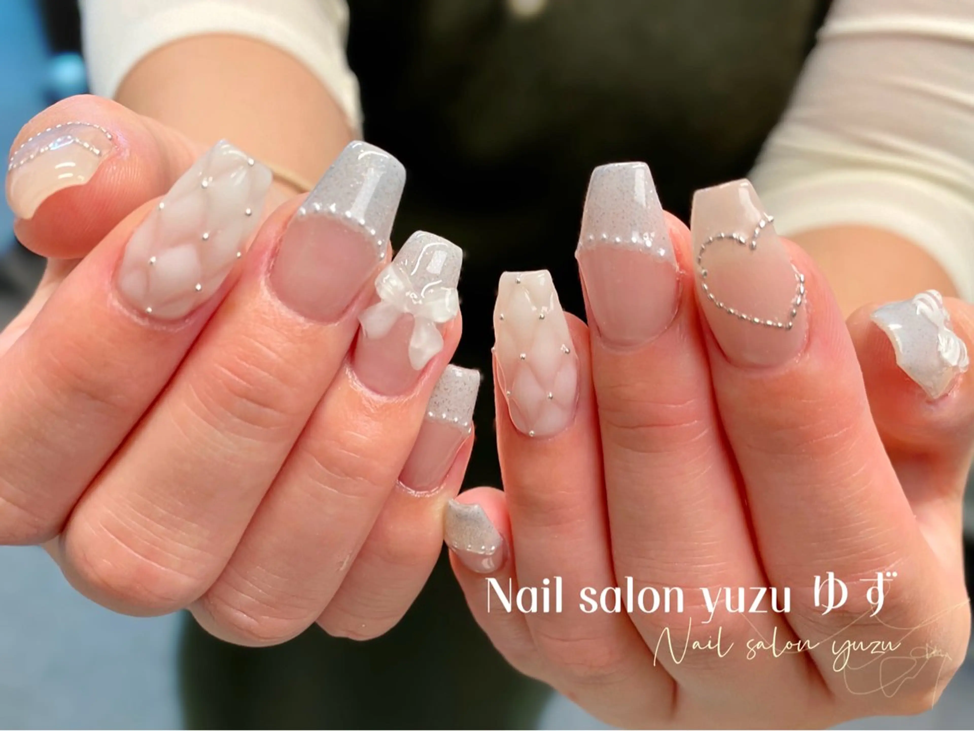 ネイル カジュアル チークネイル 成人式 ドット フレンチネイル ゆず- Nail Salonのネイルデザイン