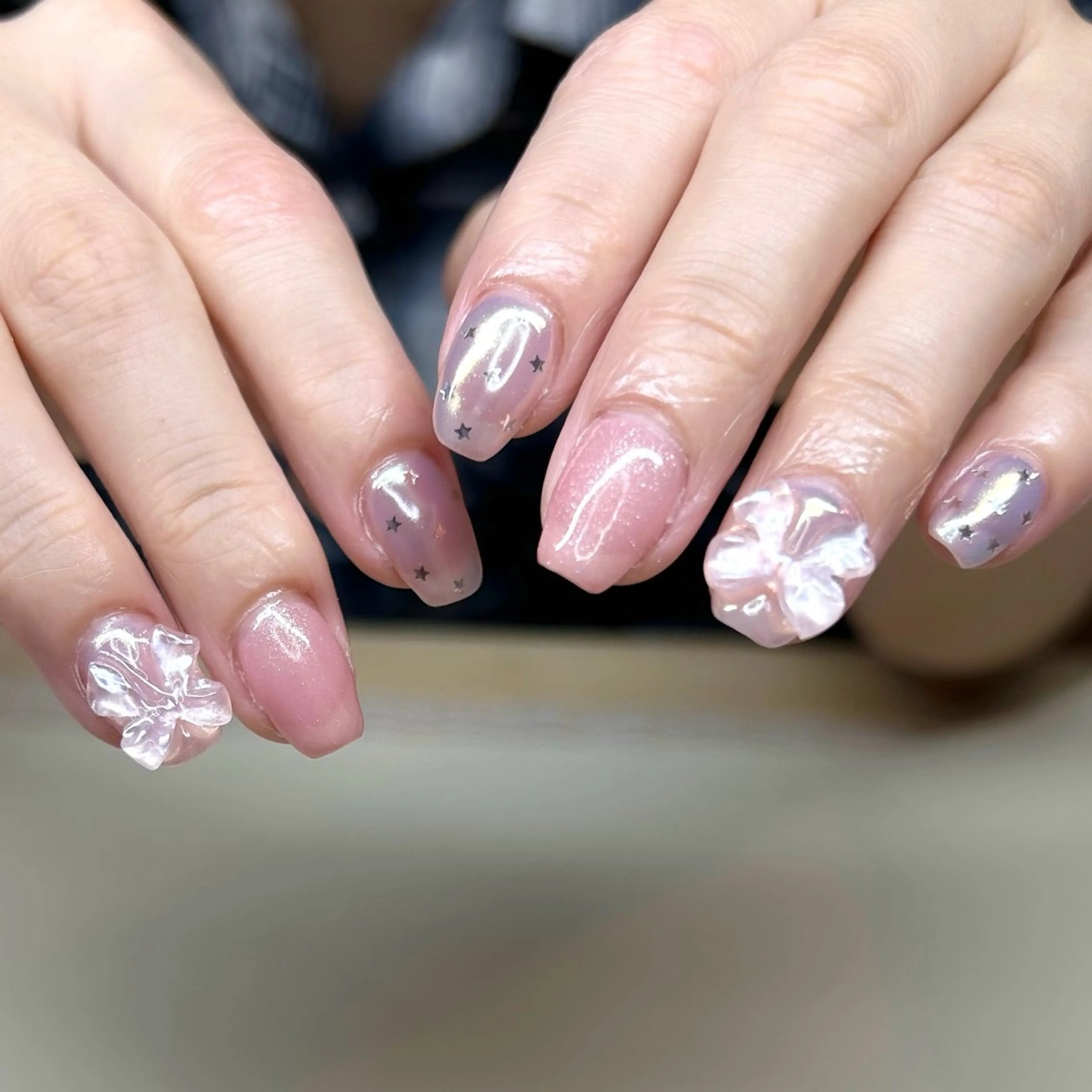 ネイル オーロラネイル ピンク リボン yumi 溝の口nailのネイルデザイン