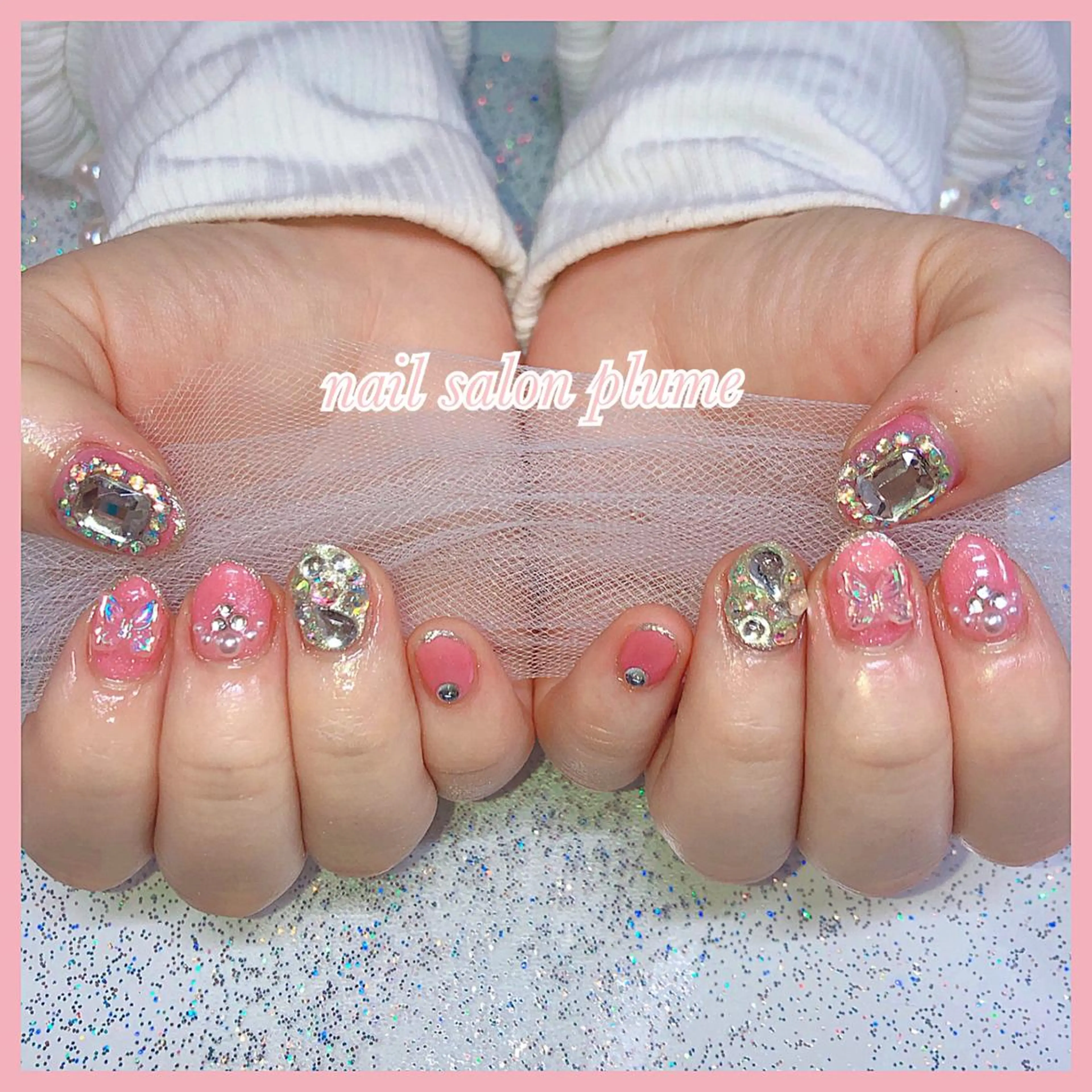 ネイル アートネイル ハート キラキラネイル 韓国ネイル ピンク ハンドネイル plume nail ☆韓国ネイルのネイルデザイン