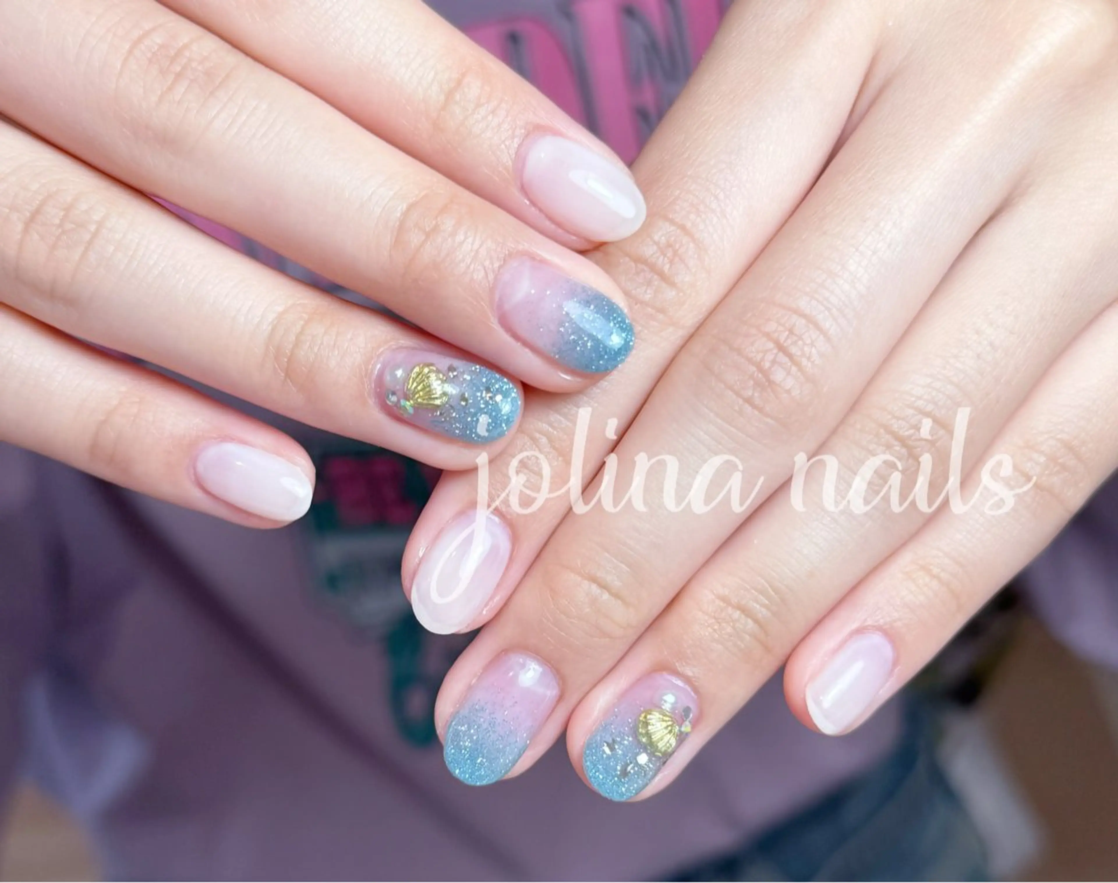 ネイル ブルー ドット ラメ(グリッター) ピンク ハンドネイル ハンドケア jolina nails鶴見店のネイルデザイン