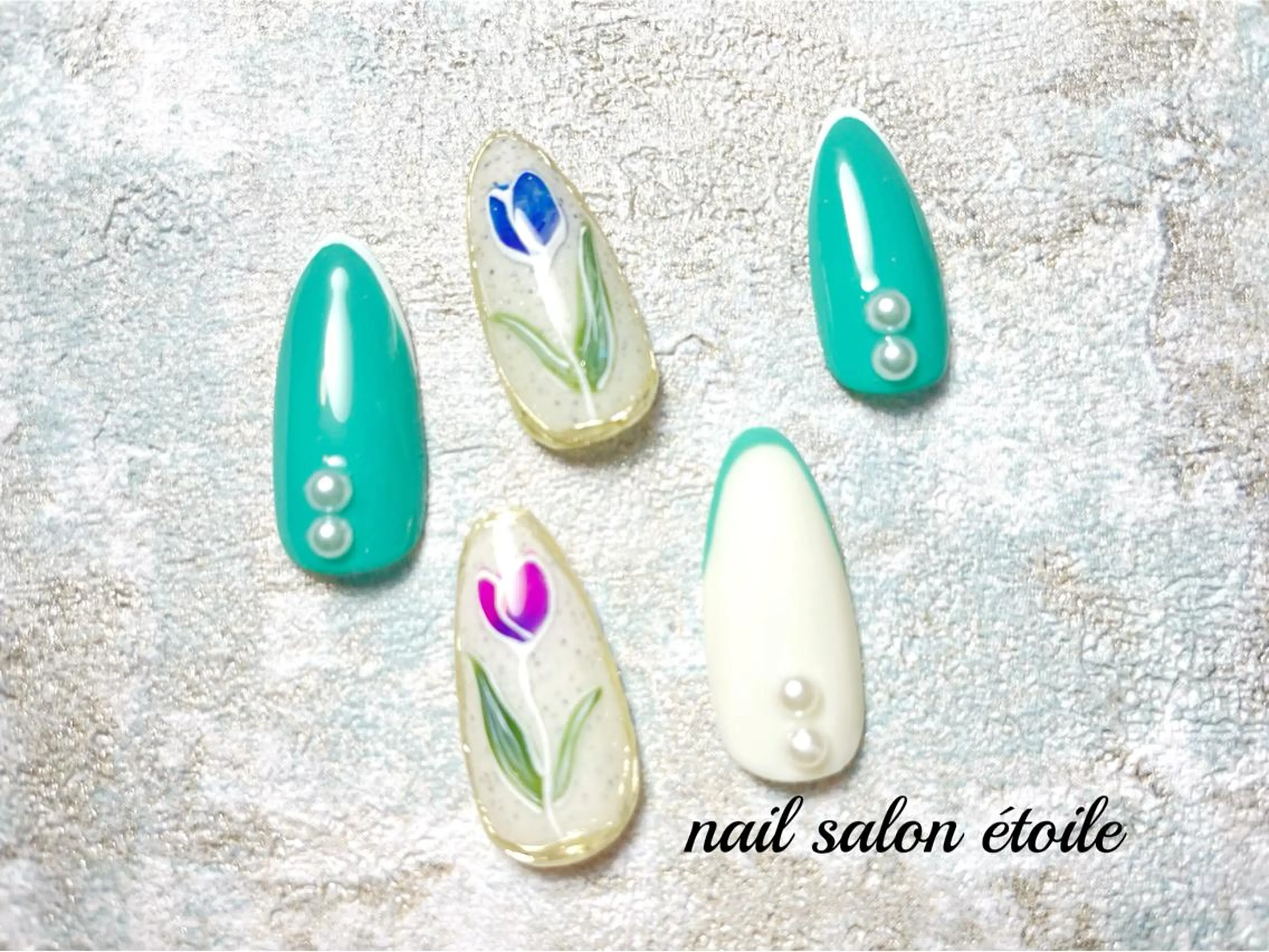 ネイル アートネイル フラワーネイル ジェルネイル グリーン 春ネイル ハンドネイル nail salon étoileのネイルデザイン