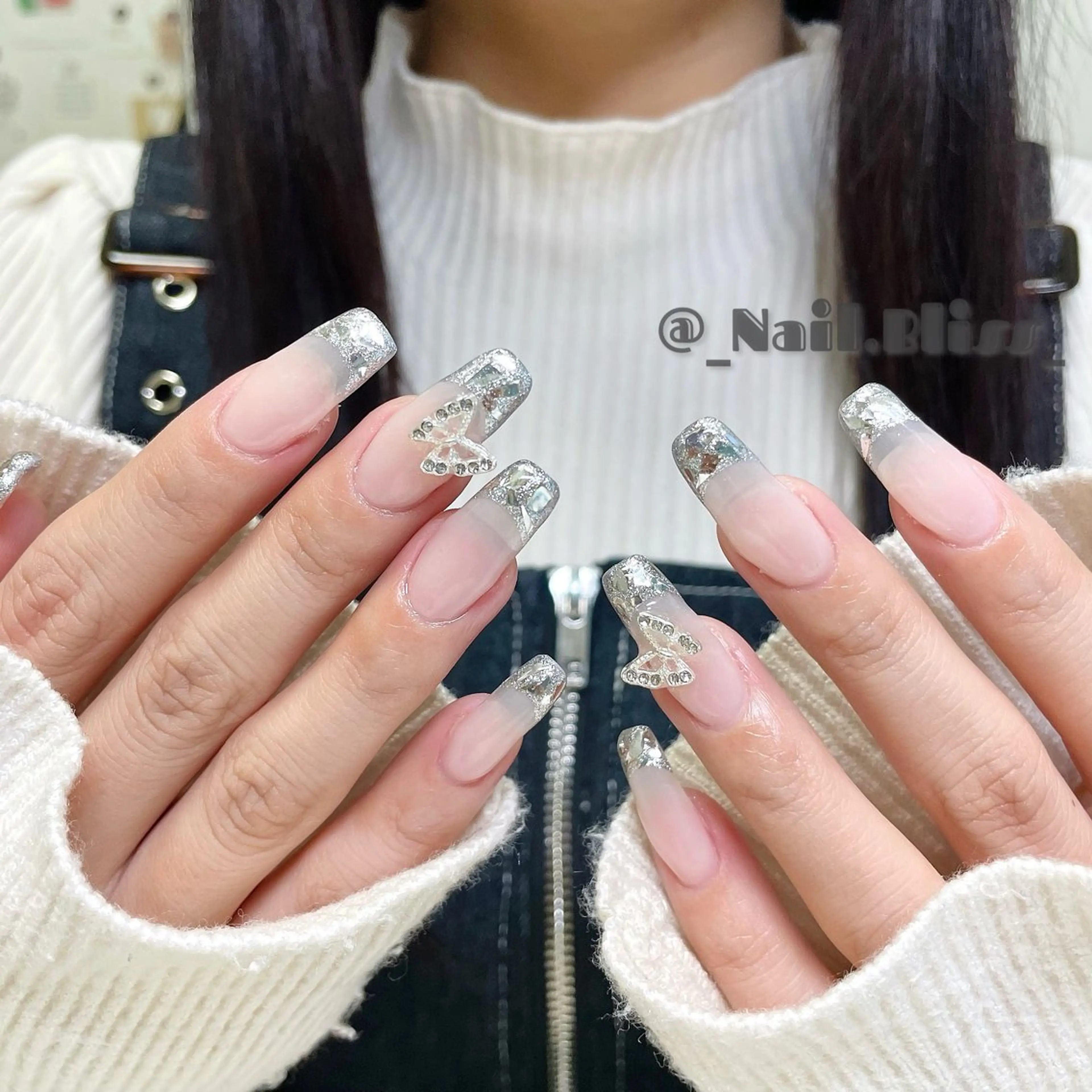ネイル フレンチネイル ガラスフレンチ 氷ネイル・うるうるネイル キラキラネイル ハンドネイル NAIL BLISSのネイルデザイン