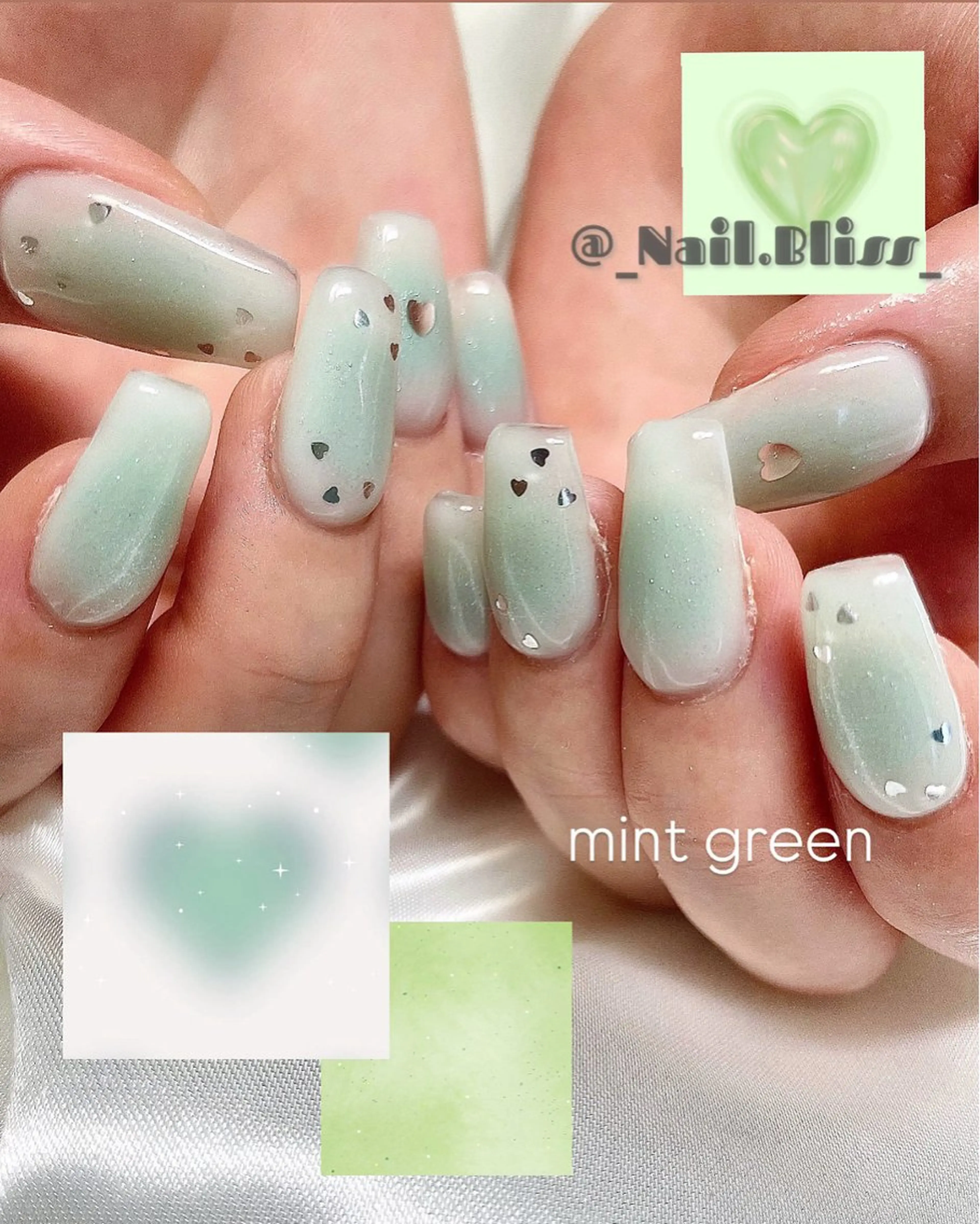 ネイル チークネイル グリーン ハート ハンドネイル NAIL BLISSのネイルデザイン