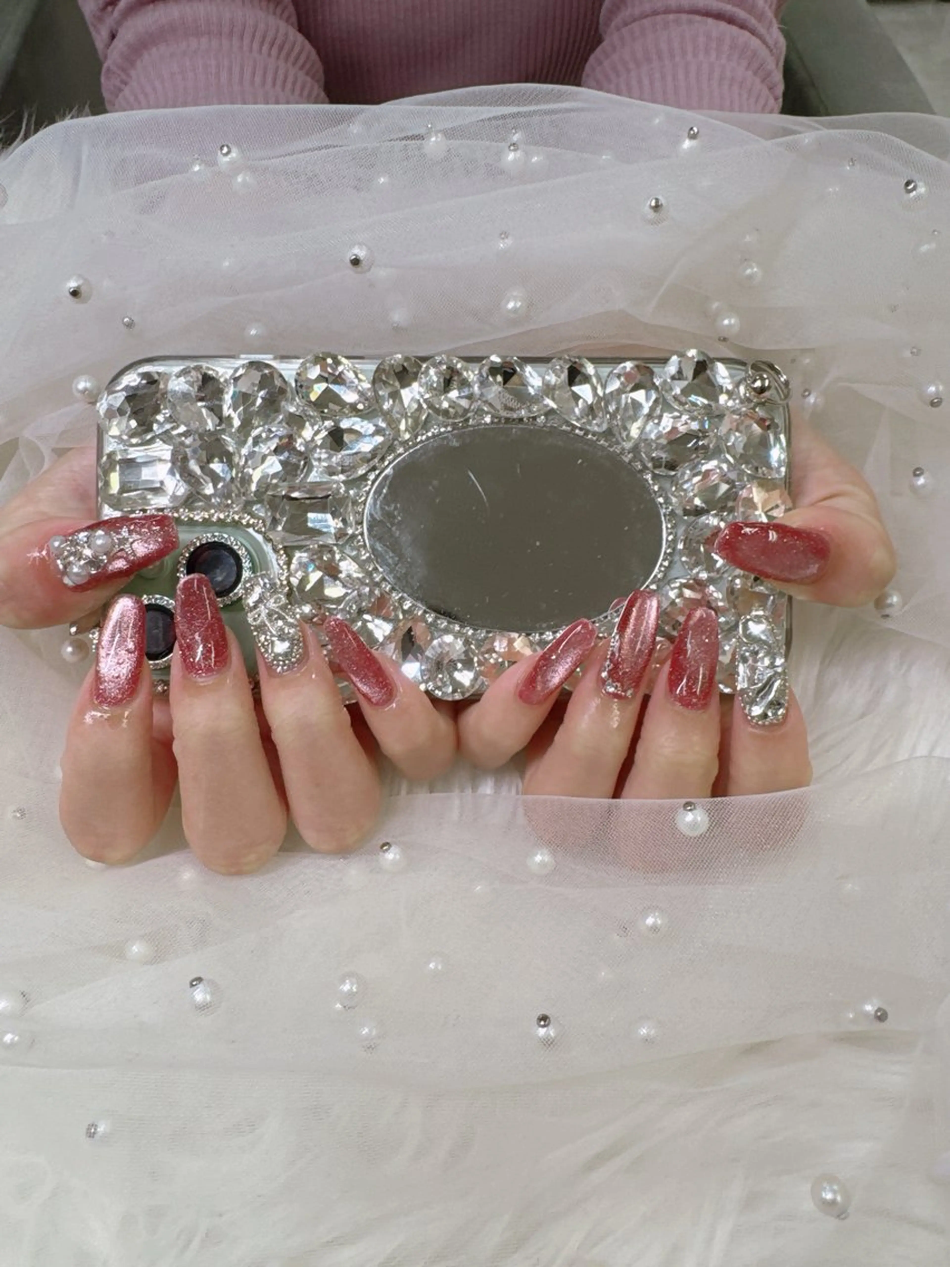 ネイル フレンチネイル ジェルネイル ガラスフレンチ キラキラネイル ロングネイル ハンドネイル Queeens nailのネイルデザイン