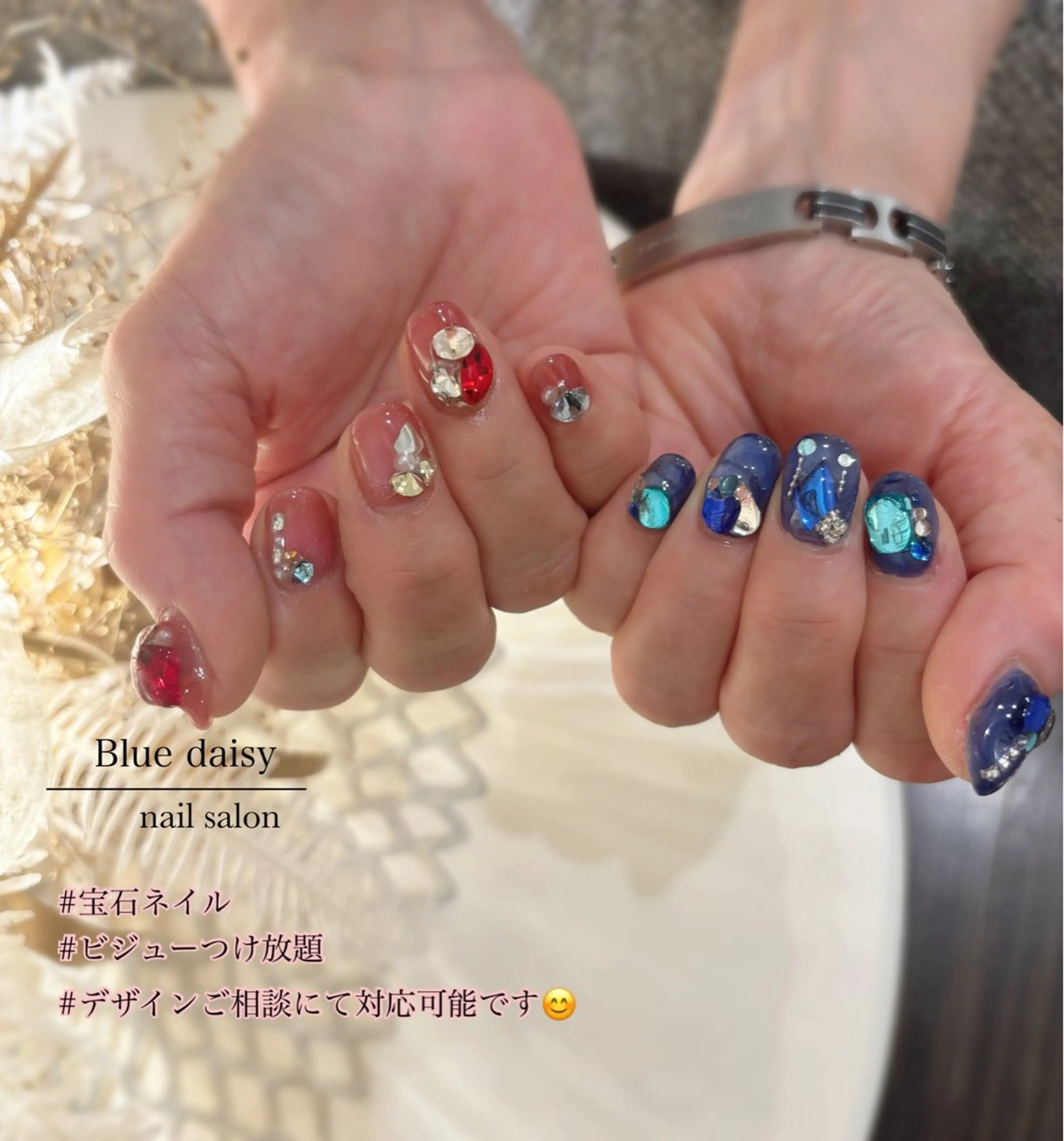 ネイル ブルー ジェルネイル マグネットネイル 持ち込み パラジェル ハンドネイル Blue daisy 栄本店のネイルデザイン