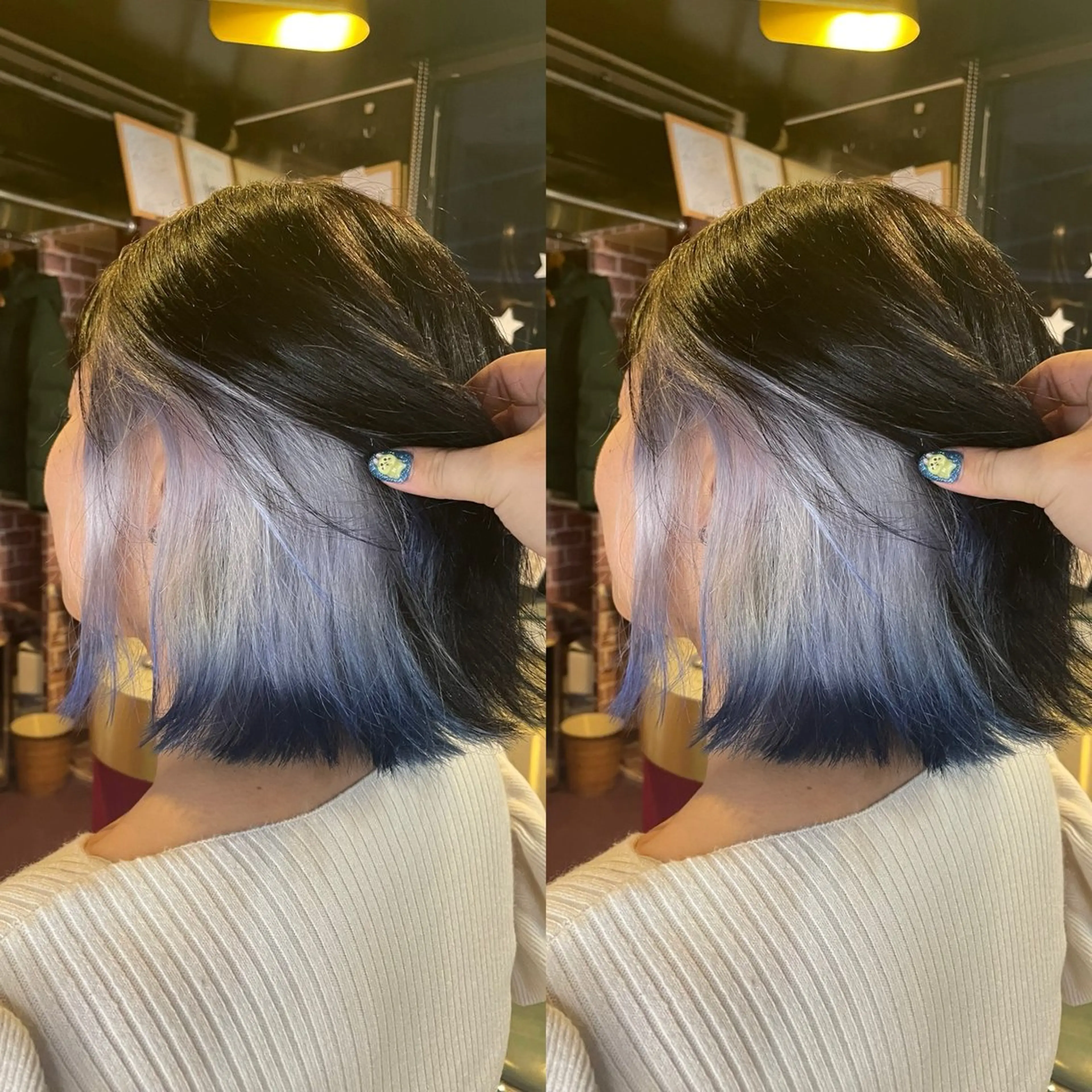 ミディアム カラー ブリーチ ブルーカラー ケアブリーチ インナーカラー シルバー 👑派手髪/カット 👑ANRYのヘアスタイル