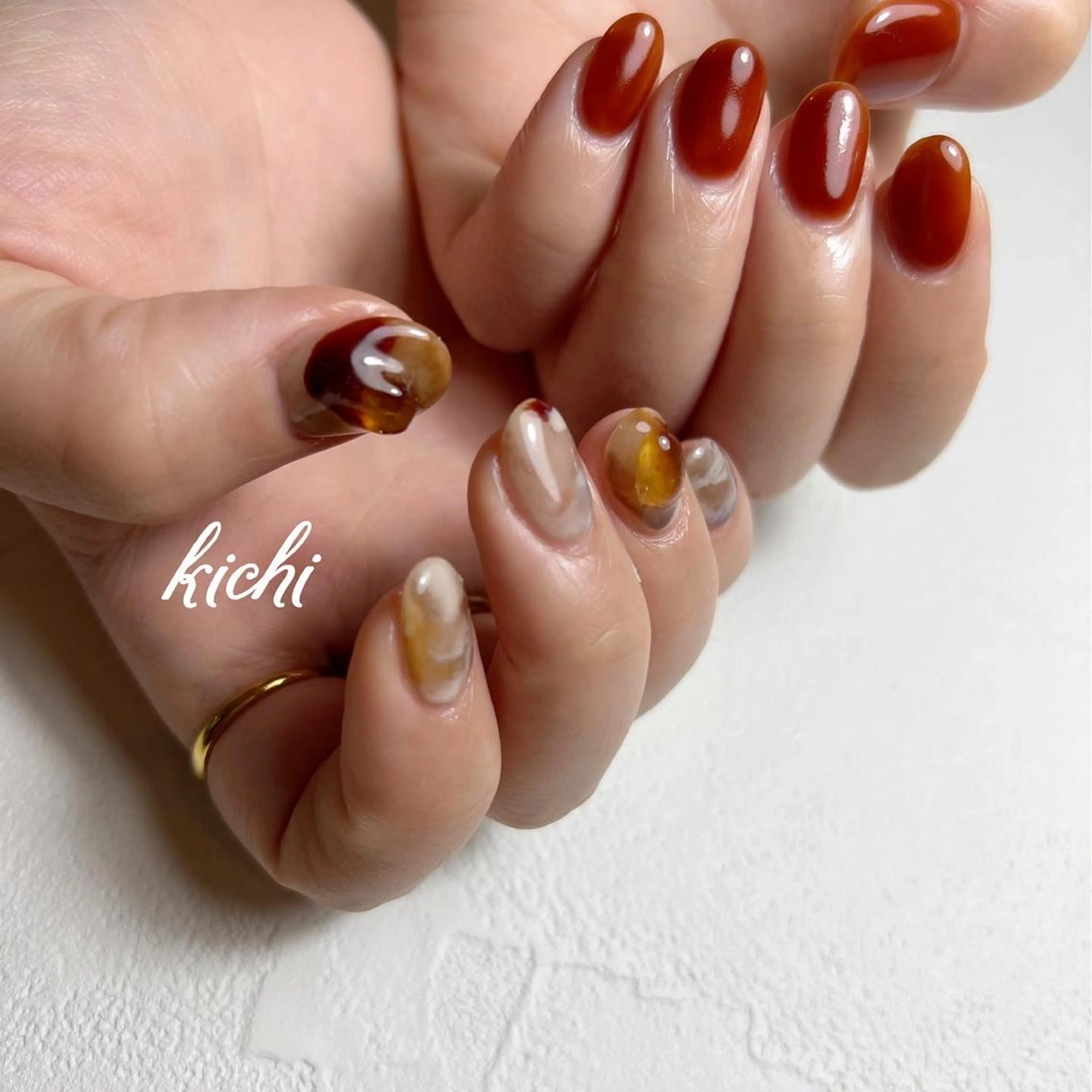 ネイル べっ甲ネイル ブラウン ジェルネイル 持ち込み ニュアンスネイル kichi･: *のネイルデザイン
