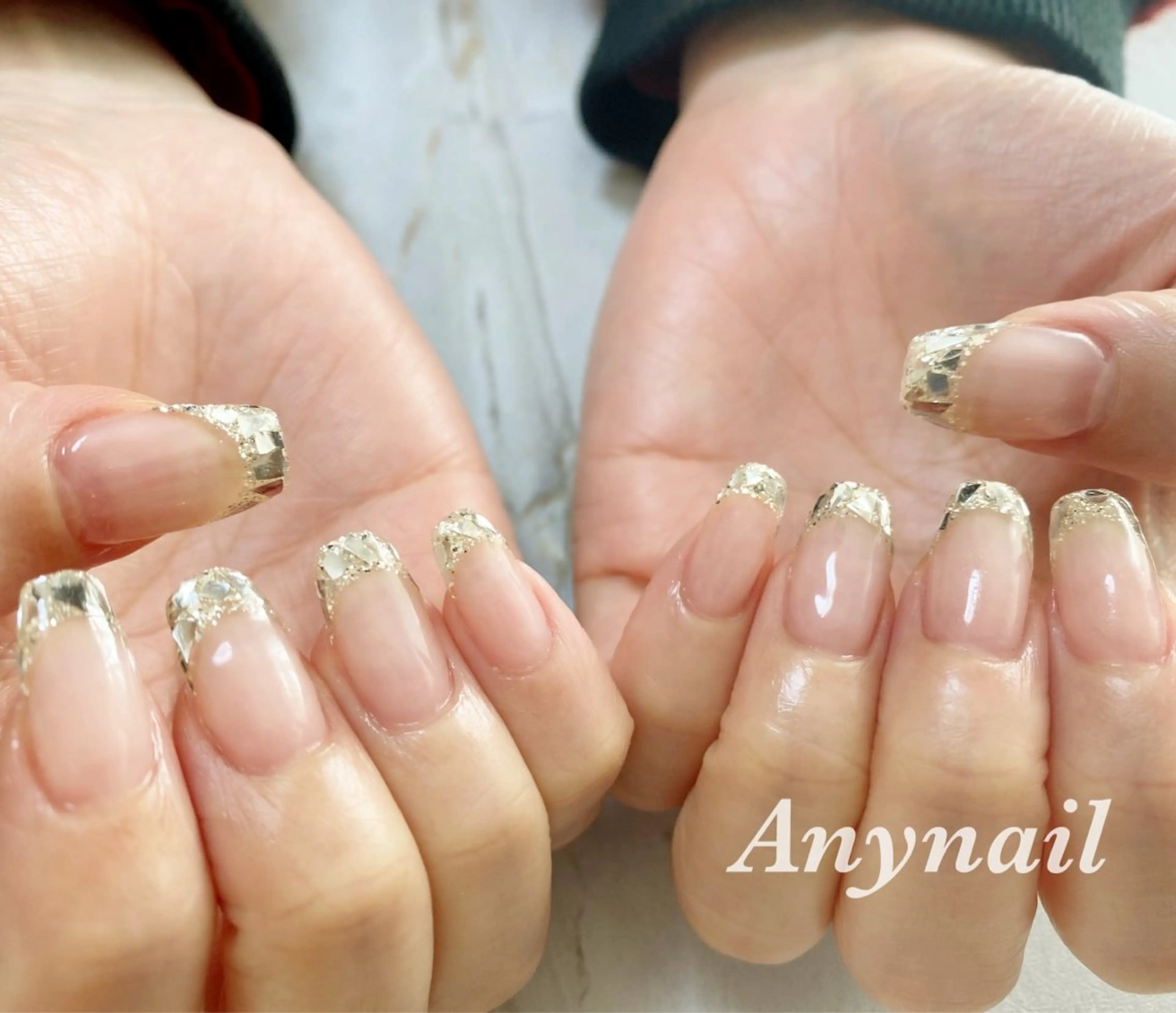 ネイル ブルー クリアネイル フレンチネイル ガラスフレンチ キラキラネイル ハンドネイル 岩澤 恵子のネイルデザイン