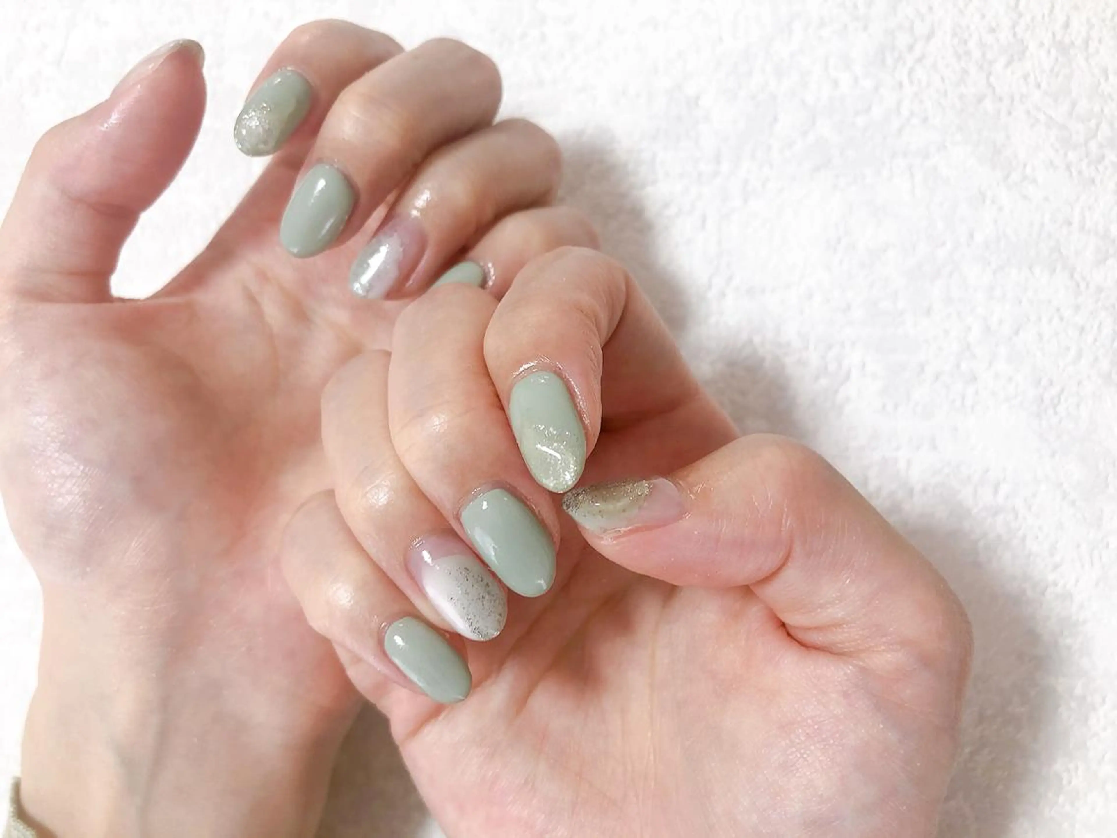 ネイル フレンチネイル ジェルネイル ガラスフレンチ グリーン 韓国ネイル kiki nail たまプラーザのネイルデザイン