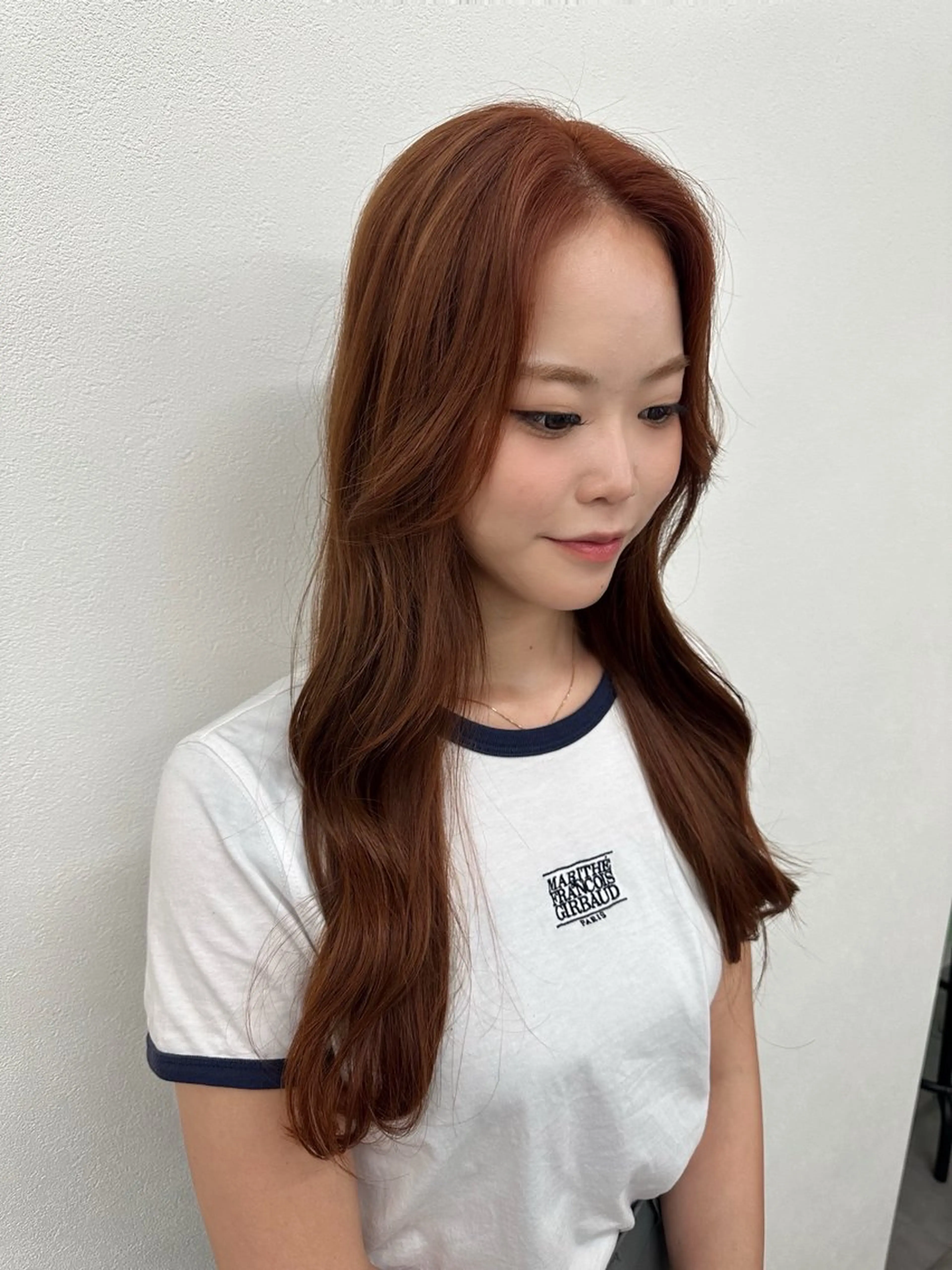 ロング カラー ブリーチ ブラウンカラー 透明感カラー オレンジ オレンジブラウン 大井 あんずのヘアスタイル
