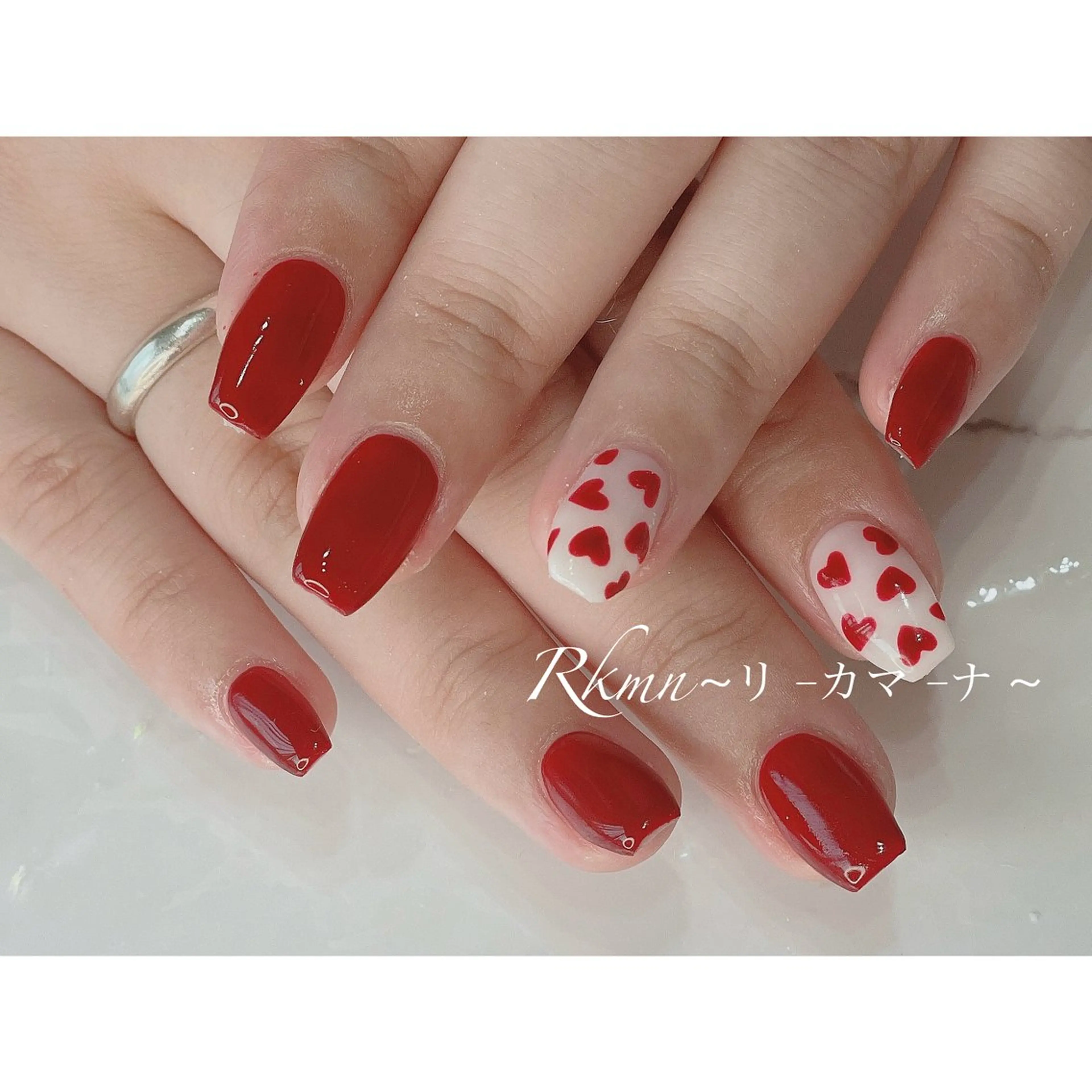 ネイル アートネイル ボルドー ハート 春ネイル ハンドネイル フットネイル ハンドケア Rkmn ~リ-カマ-ナ~のネイルデザイン