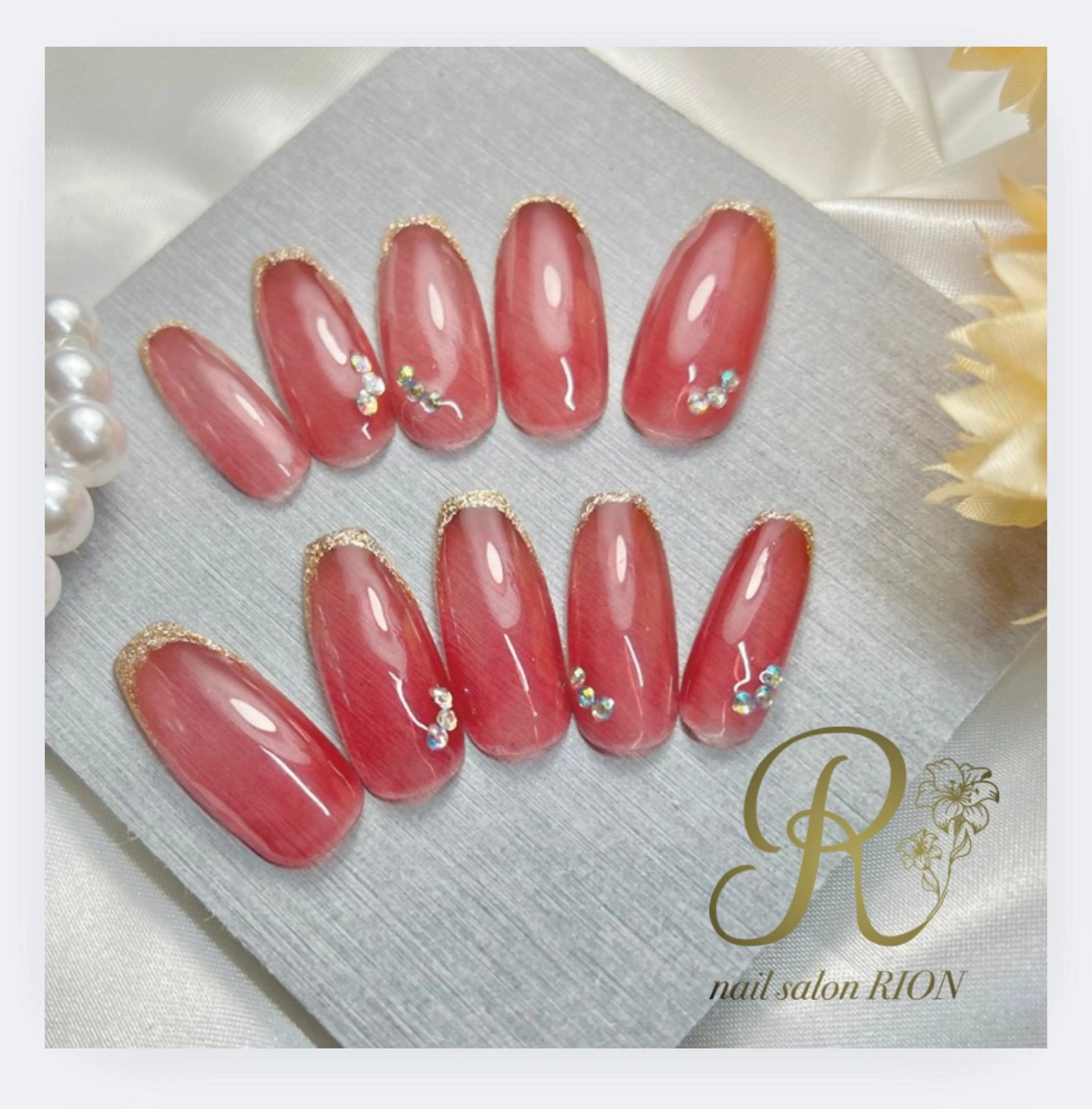 ネイル ゴールド ピンク ストーンネイル ハンドネイル 加藤 恵のネイルデザイン