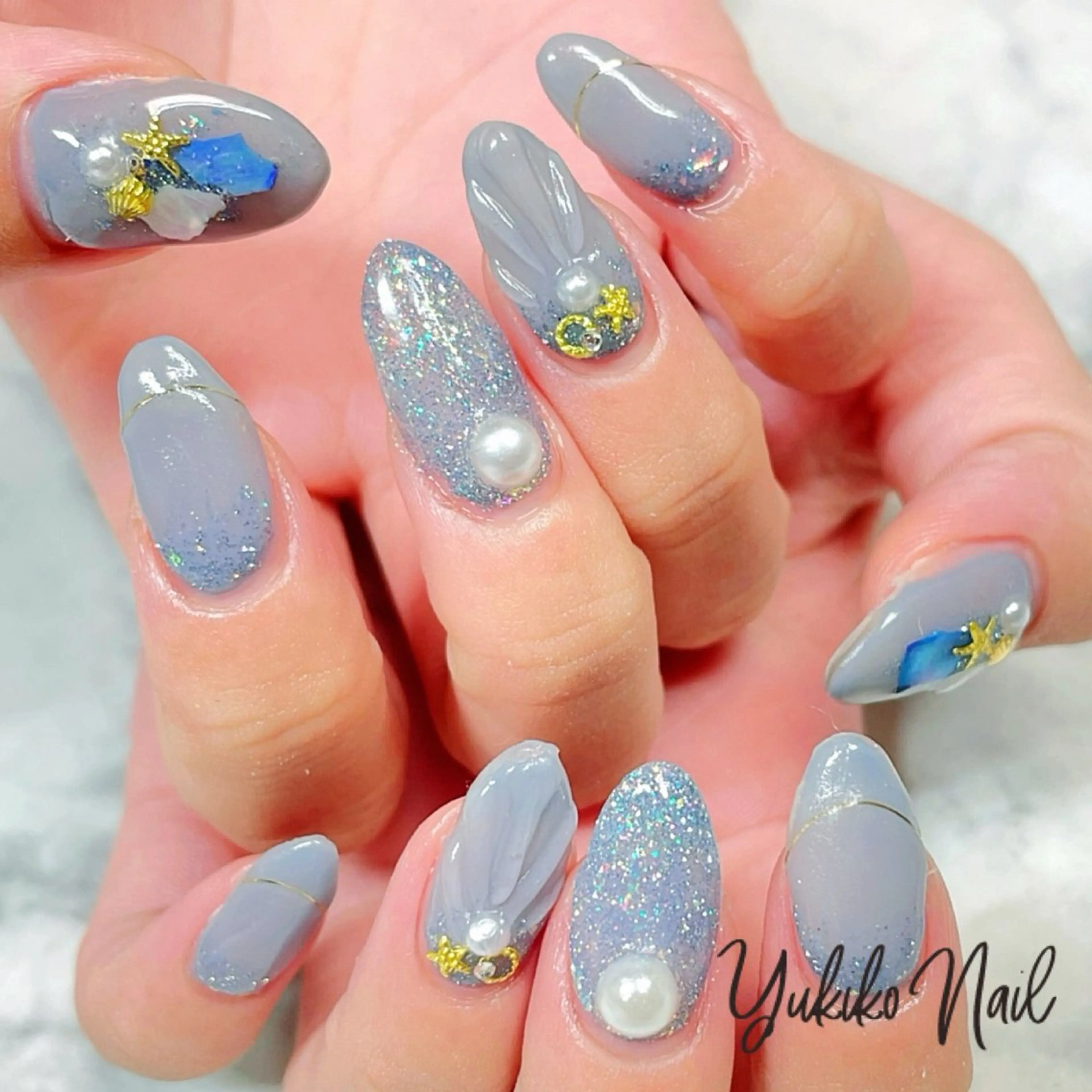 ネイル ブルー フラッシュネイル グラデーション 夏ネイル ユキコ ネイルのネイルデザイン