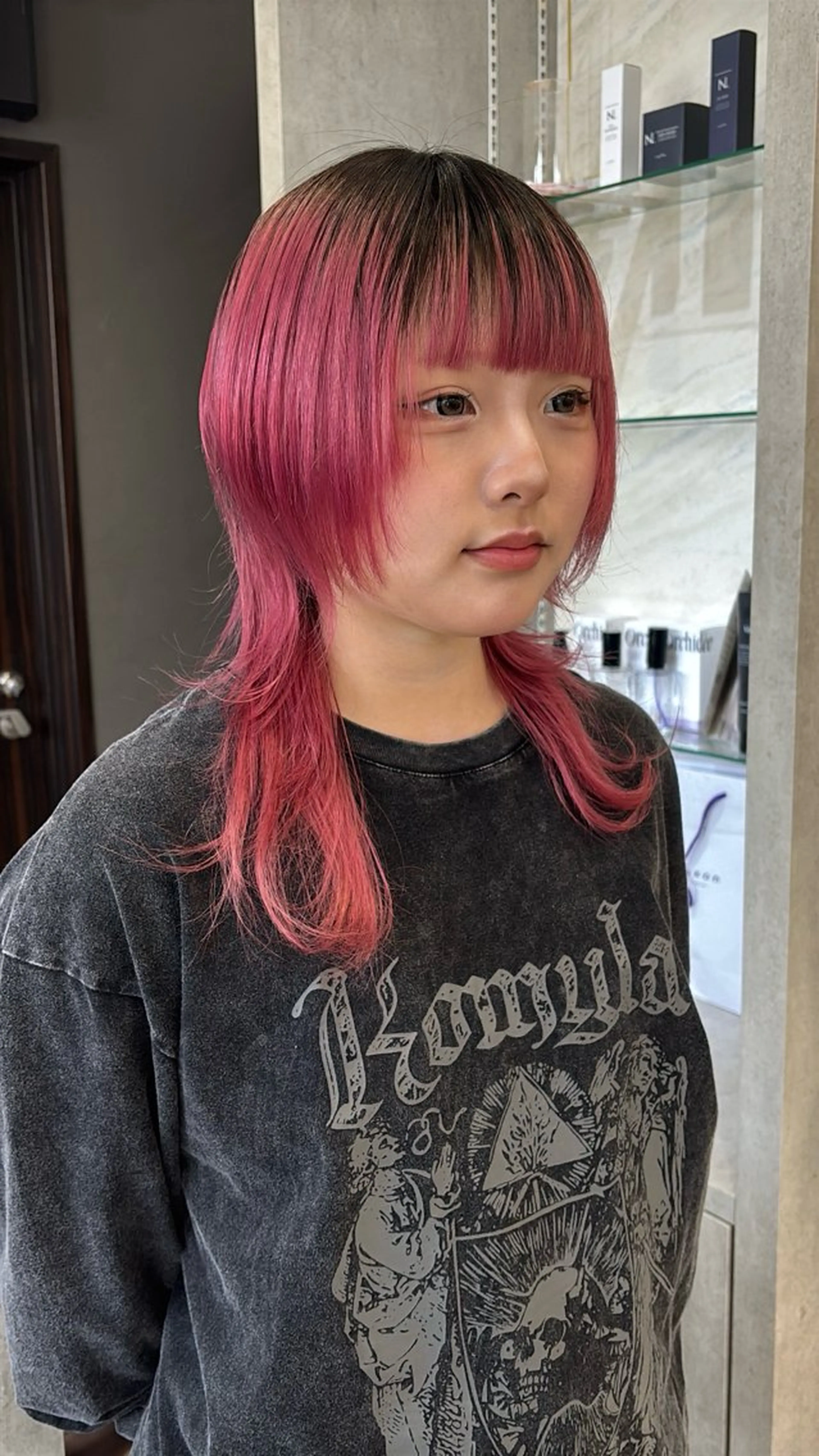 セミロング ヘアカラー 韓国ヘア/ブリーチ無 しWカラー/オリーブのヘアスタイル