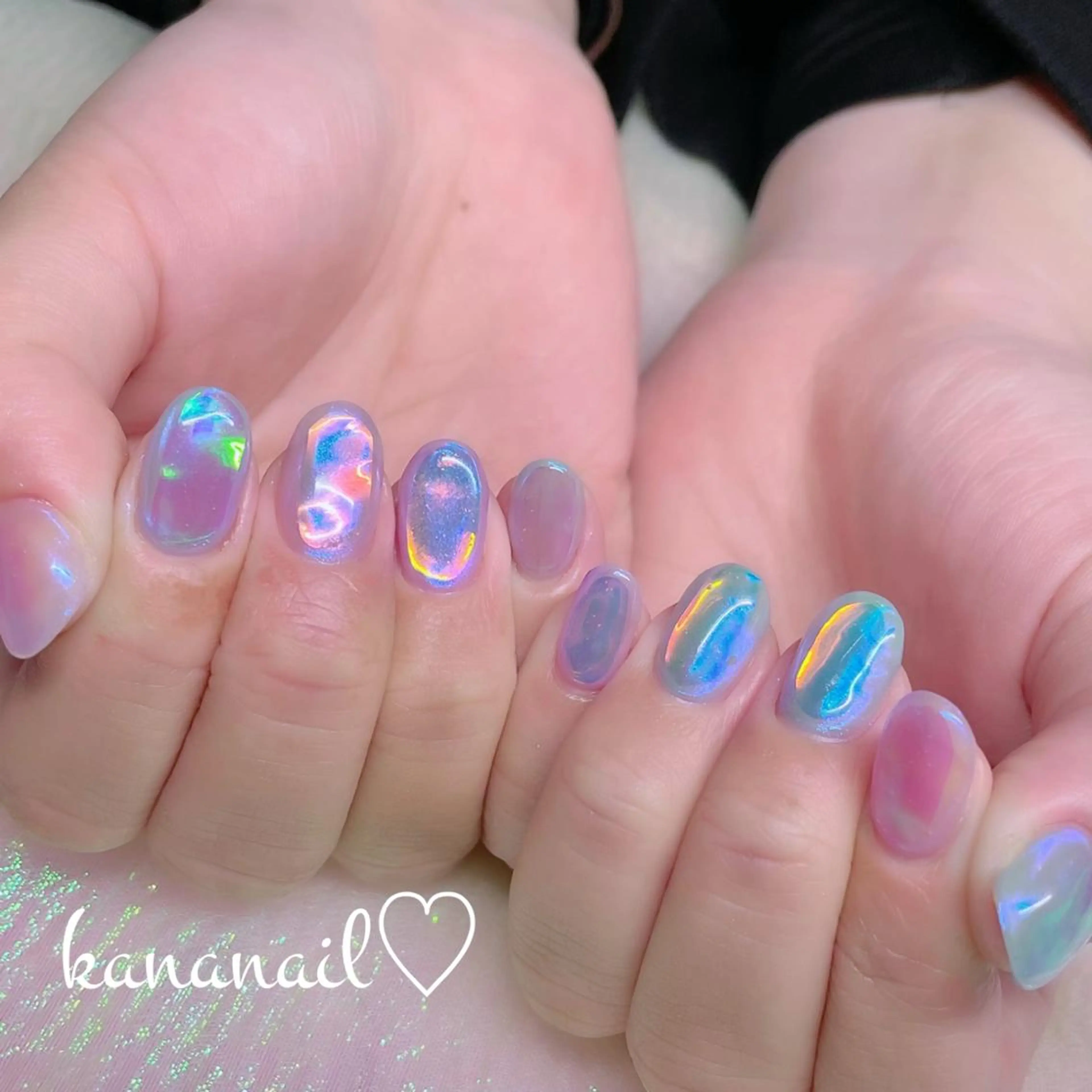 ネイル オーロラネイル ブルー 桜ネイル 氷ネイル・うるうるネイル ミディアムネイル kananail ♡のネイルデザイン