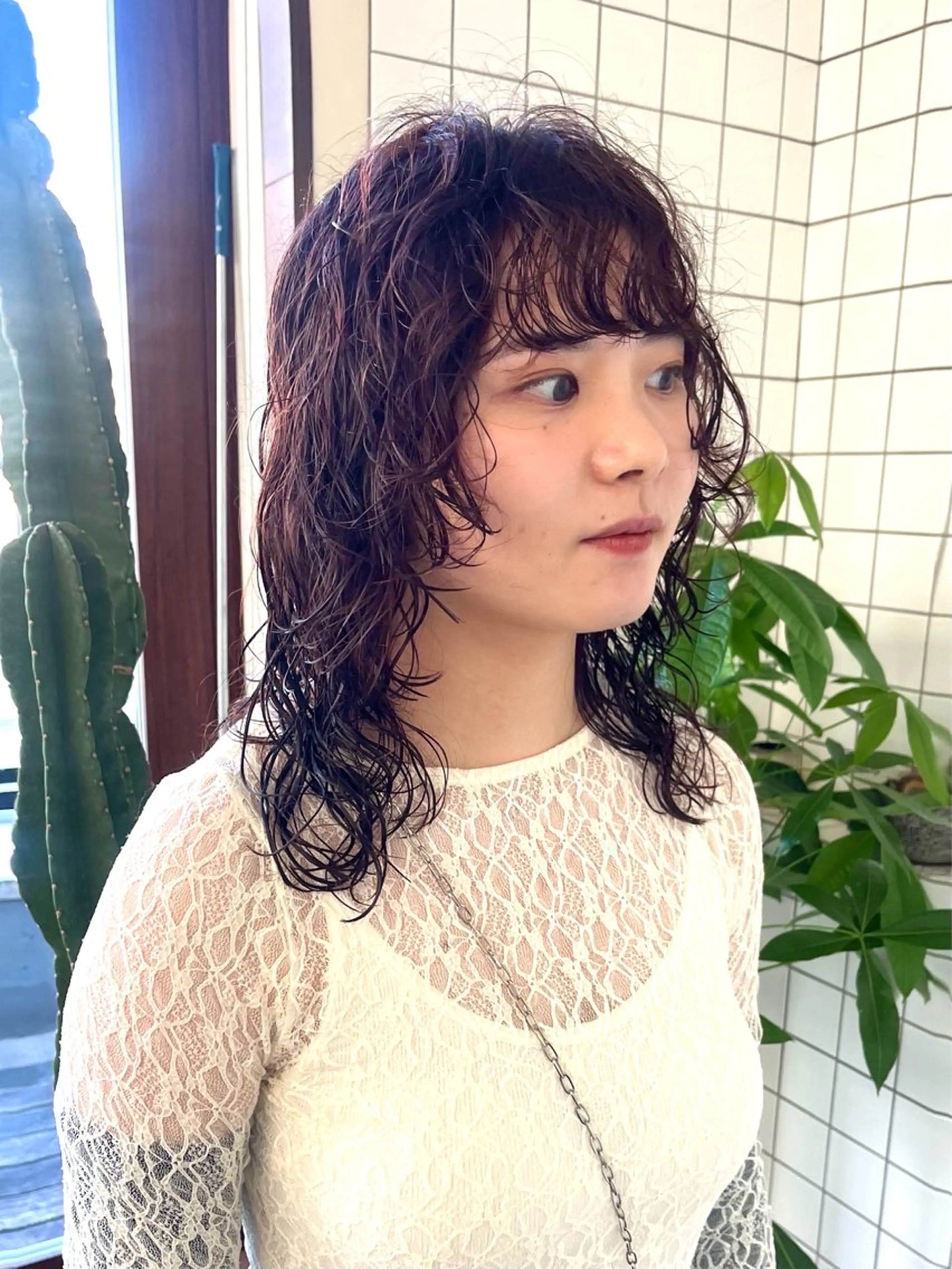 ミディアム カラー パーマ ミディアムパーマ ブラウンカラー カシス ウルフカット ボブパーマ/パーマ ウルフパーマのヘアスタイル