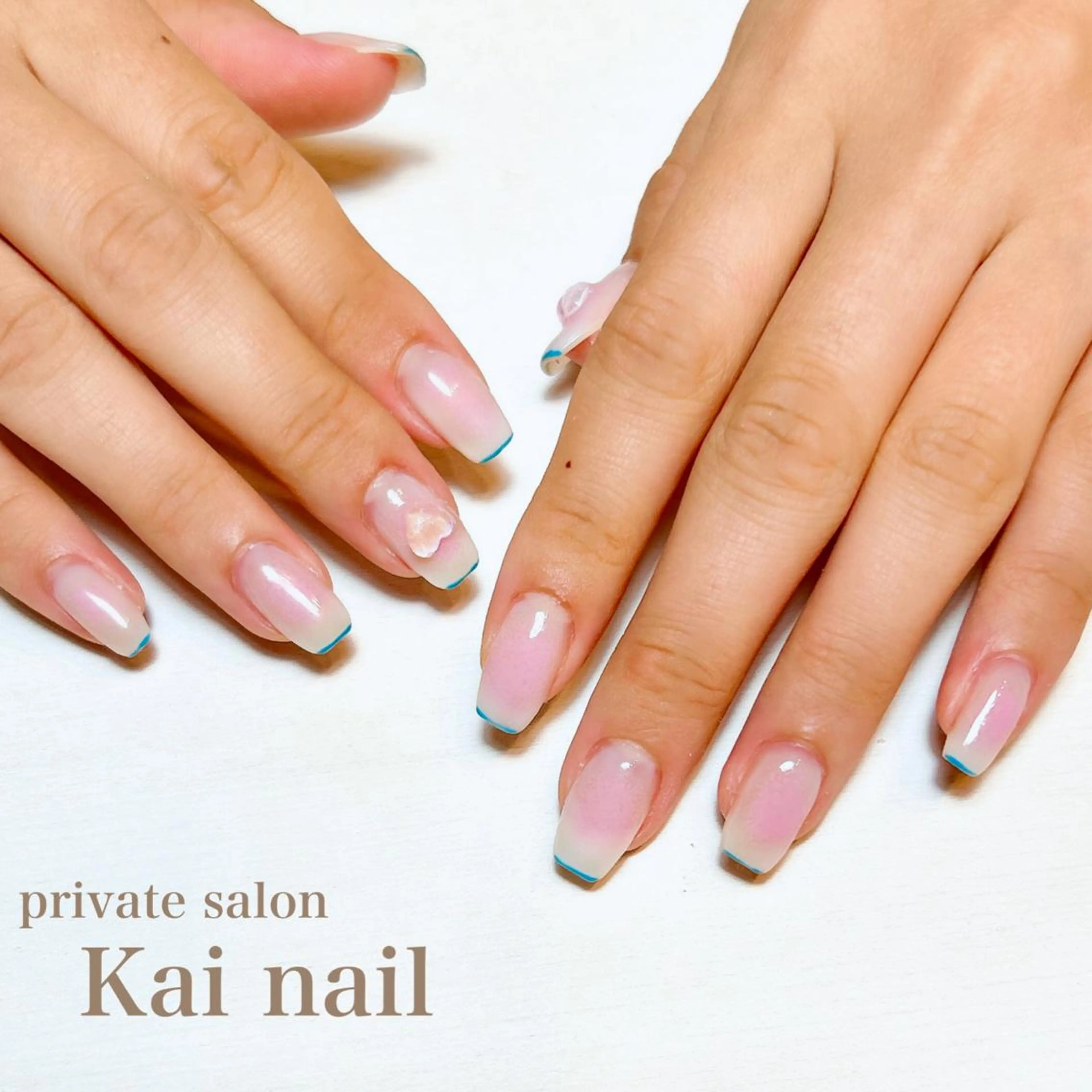 ネイル ブルー チークネイル フレンチネイル ジェルネイル ハート Kai  nail Mayukoのネイルデザイン
