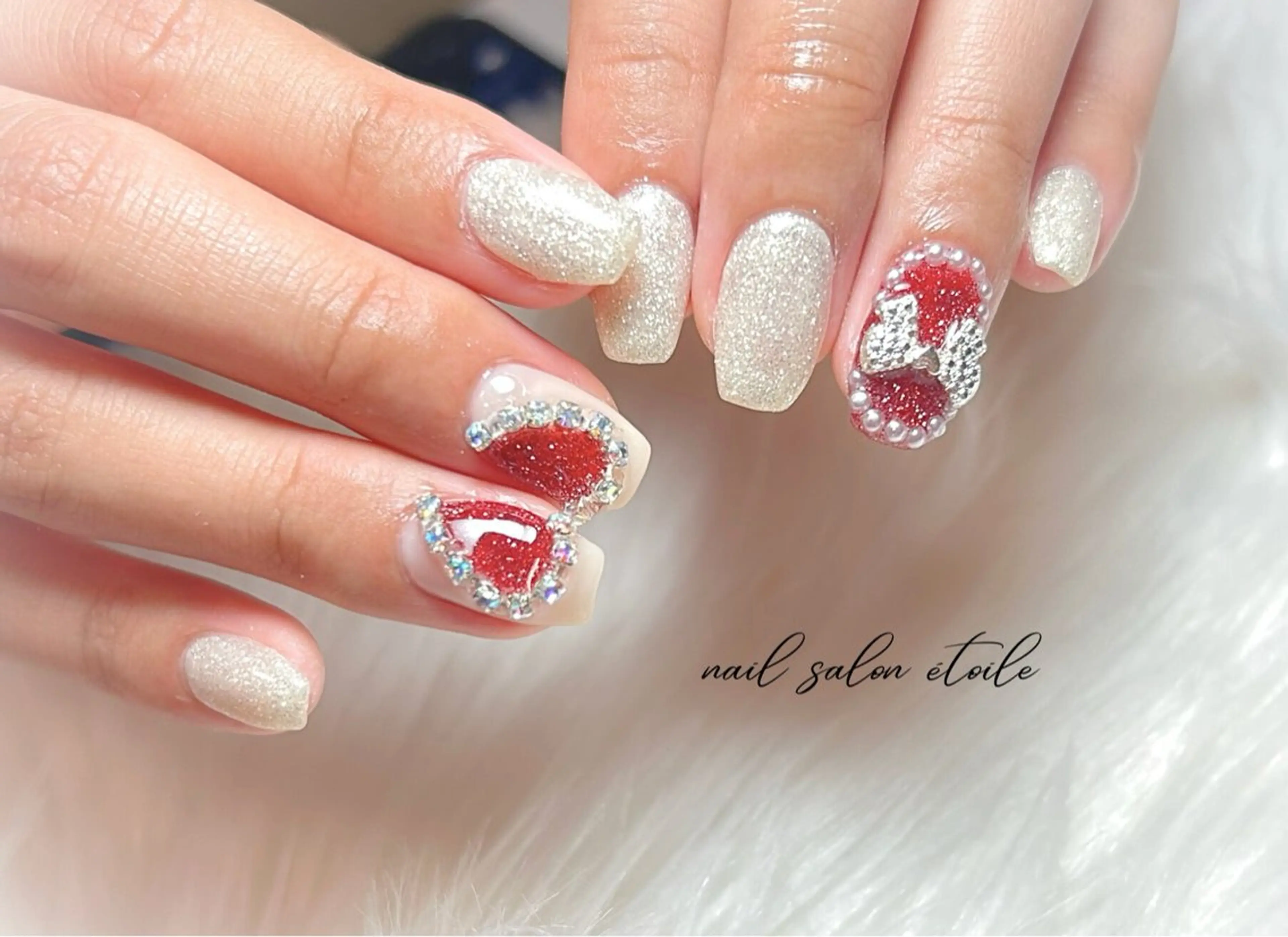 ネイル アートネイル フラッシュネイル ハート ラメ(グリッター) リボン ハンドネイル nail salon étoileのネイルデザイン