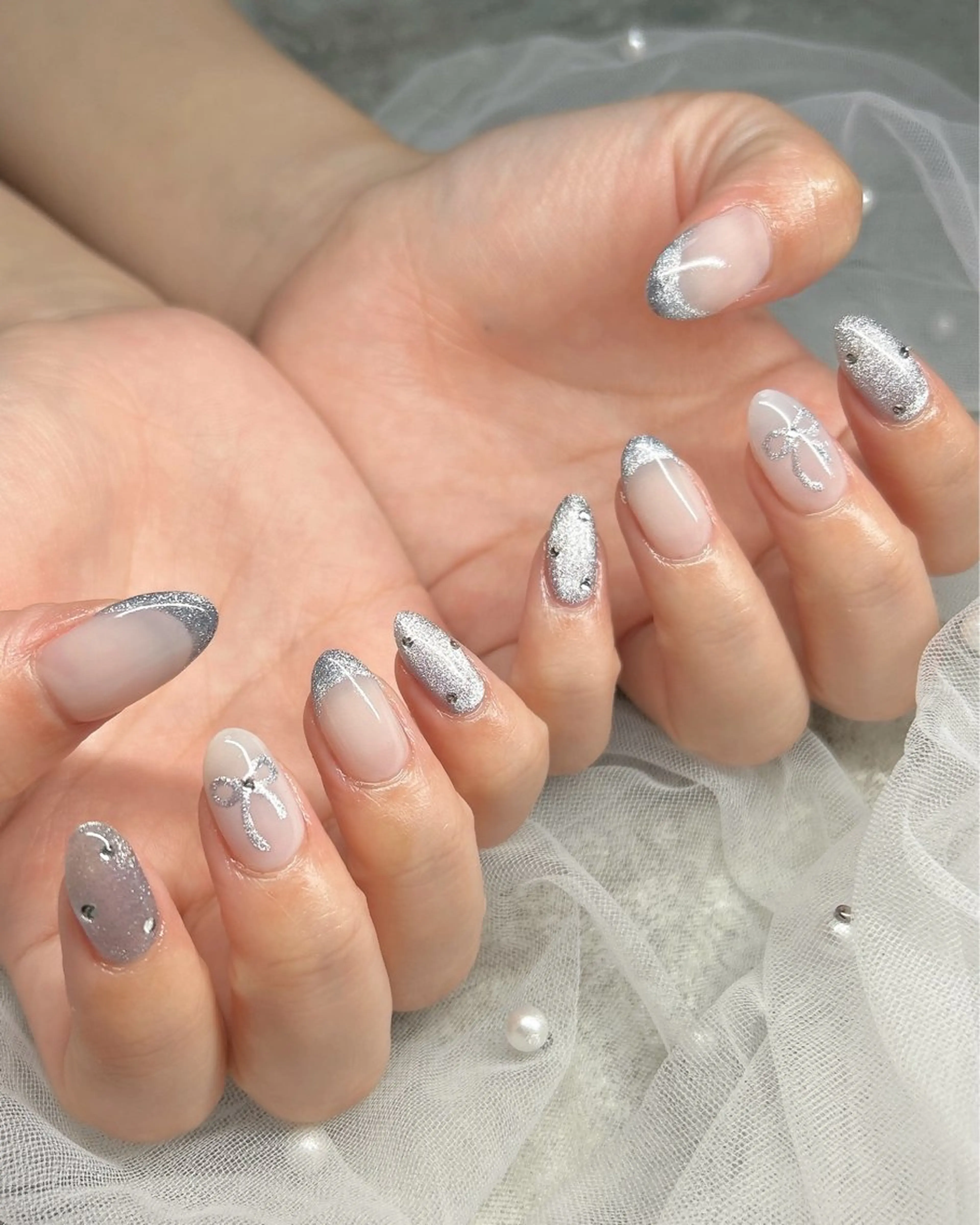 ネイル フレンチネイル マグネットネイル マグネットフレンチ リボン ハンドネイル ten nail salon　かえでのネイルデザイン