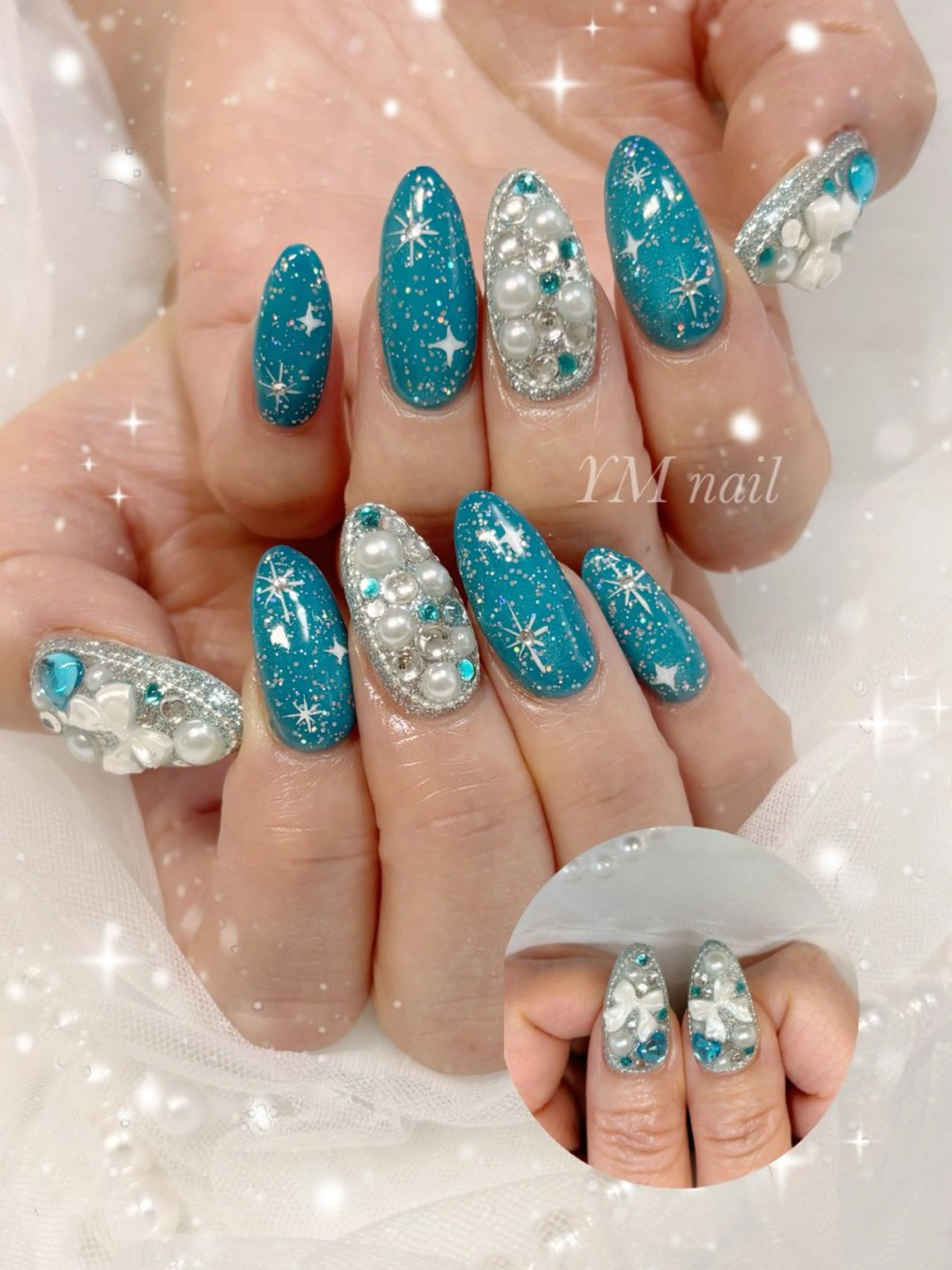 ネイル ブルー キラキラネイル リボン ハンドネイル YM nailのネイルデザイン