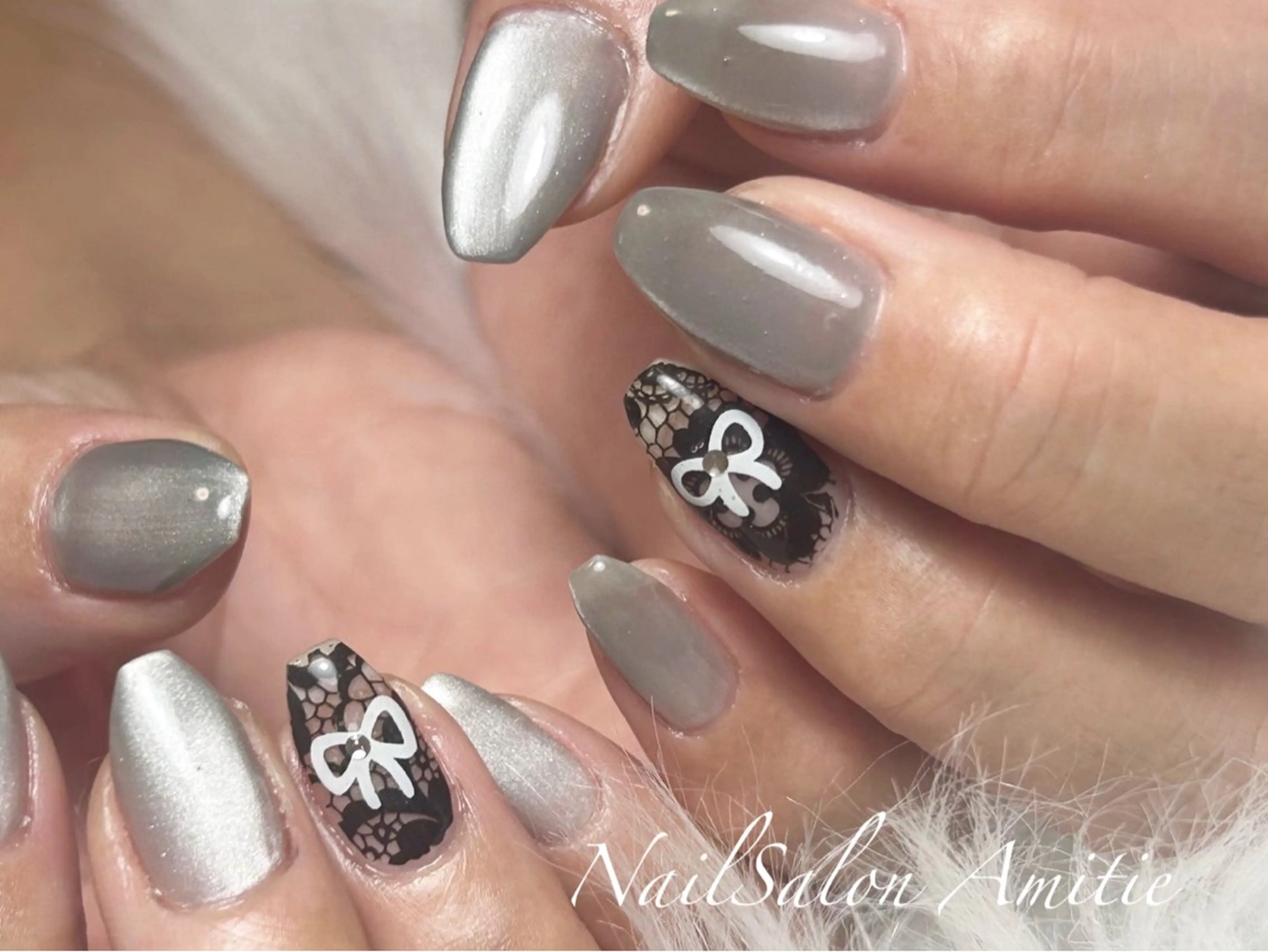 ネイル レース マグネットネイル リボン ハンドネイル NailSalon Amitieのネイルデザイン
