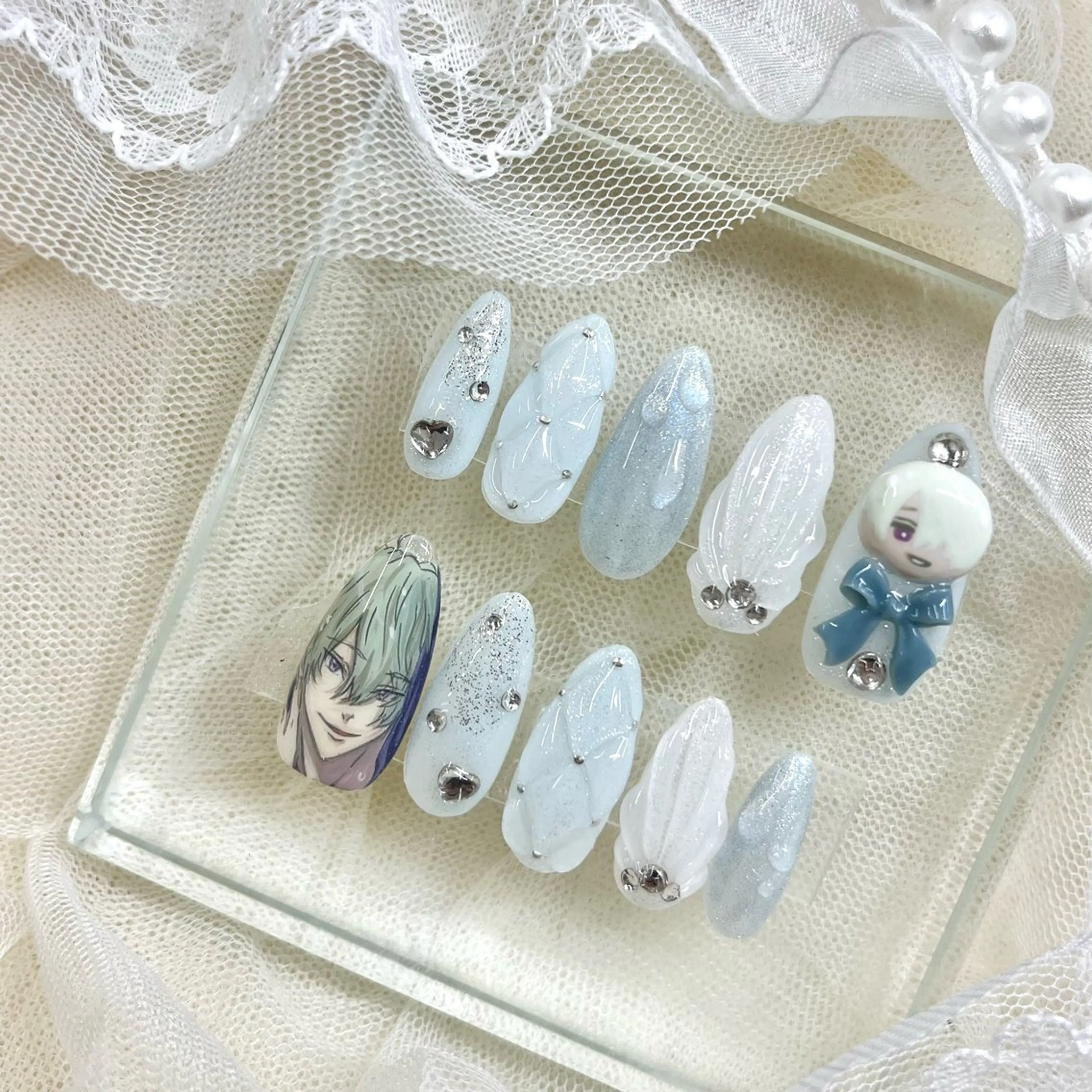 セミロング ネイル リボン ハンドネイル 池袋痛ネイル Nok. 渡辺のネイルデザイン