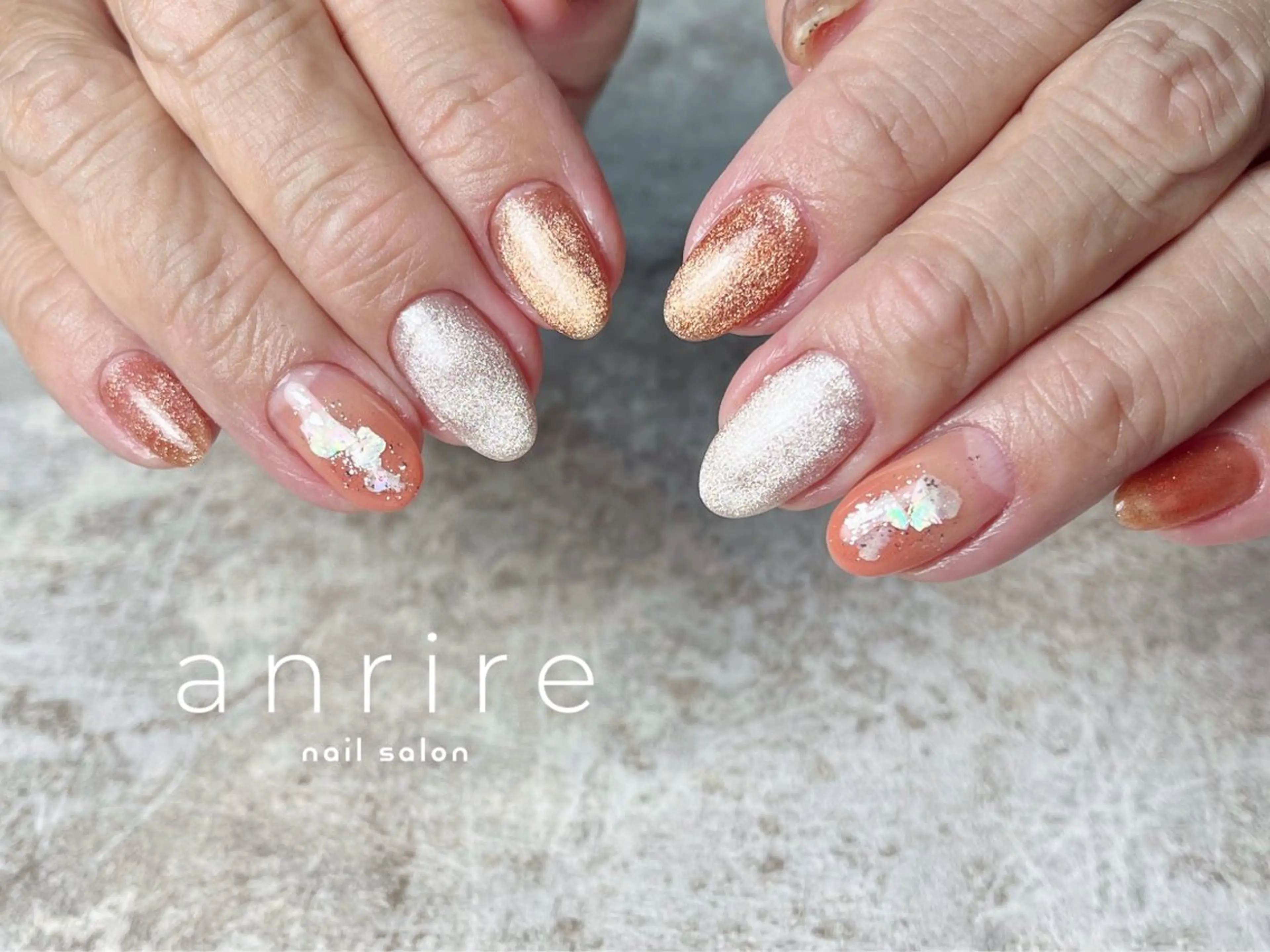 ネイル ジェルネイル ラメ(グリッター) マグネットネイル オレンジ パラジェル ハンドネイル nailsalon anrireのネイルデザイン