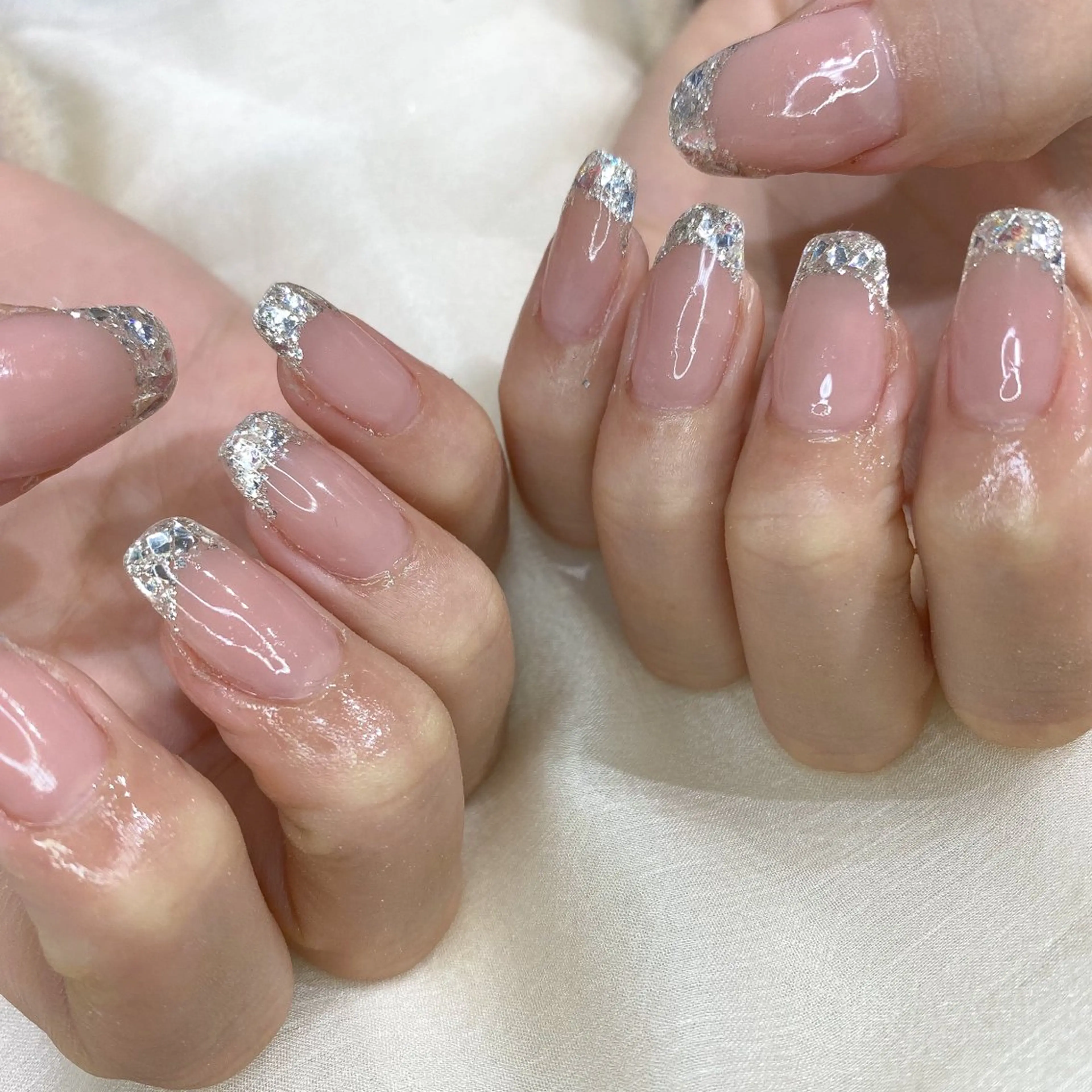 ネイル フレンチネイル ガラスフレンチ ピンク muguet🎀 chikaのネイルデザイン