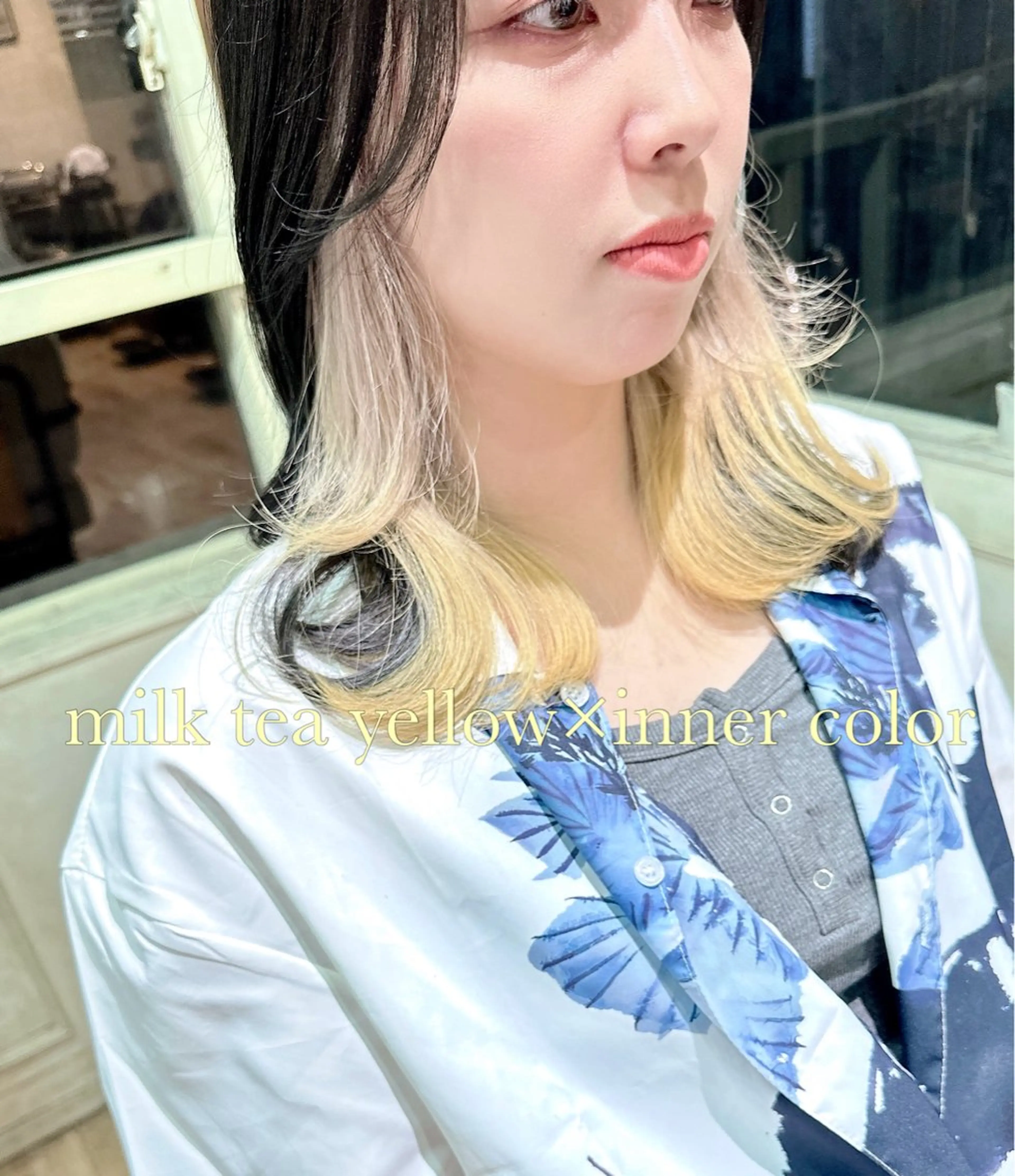 ミディアム カラー ベージュカラー 透明感カラー デザインカラー インナーカラー イエローカラー ケアブリーチ 髪質改善/池袋のヘアスタイル