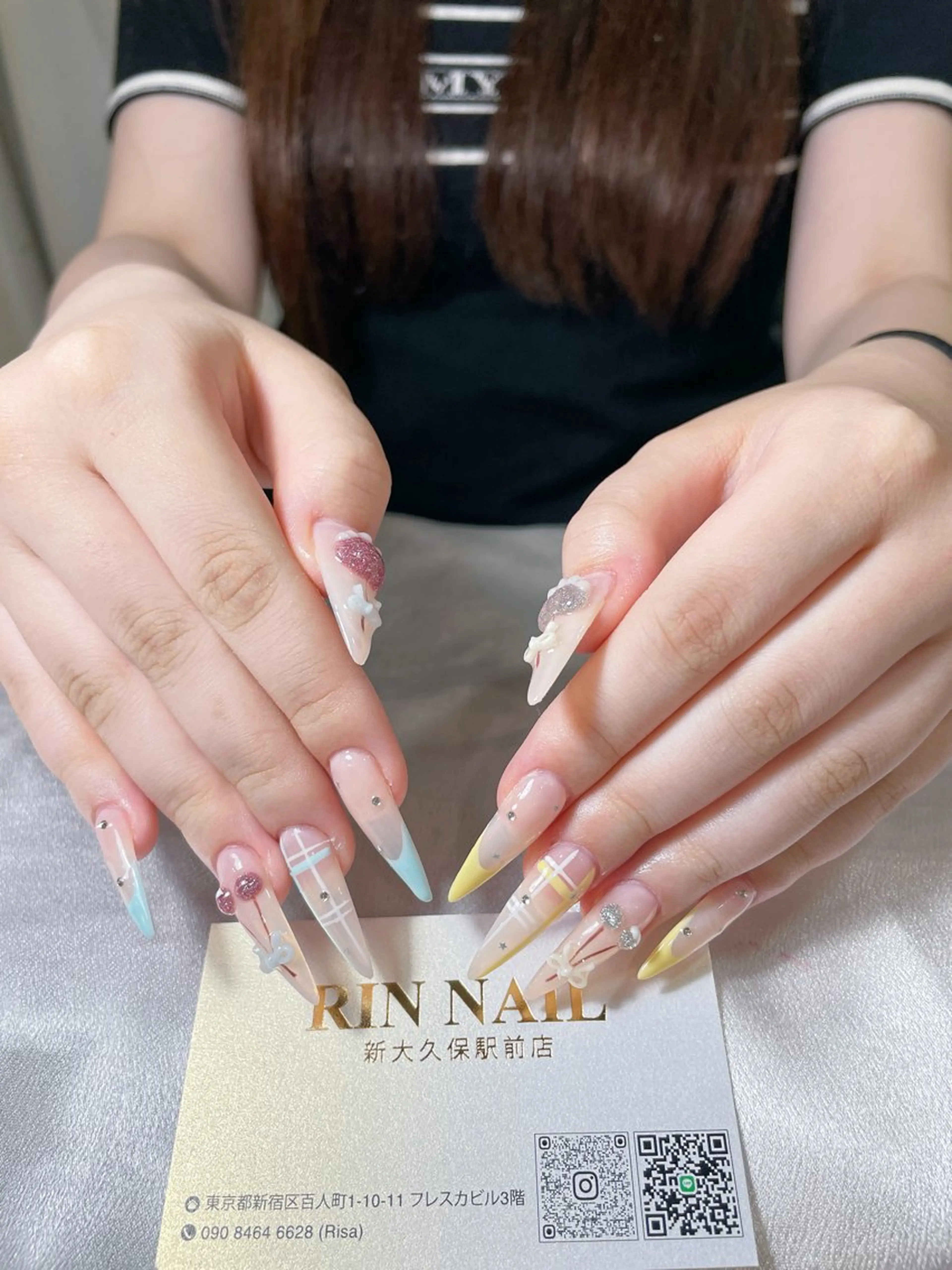 ネイル アートネイル 長さ出し ガーリー 韓国ネイル 持ち込み Rin Nail 新大久保店のネイルデザイン
