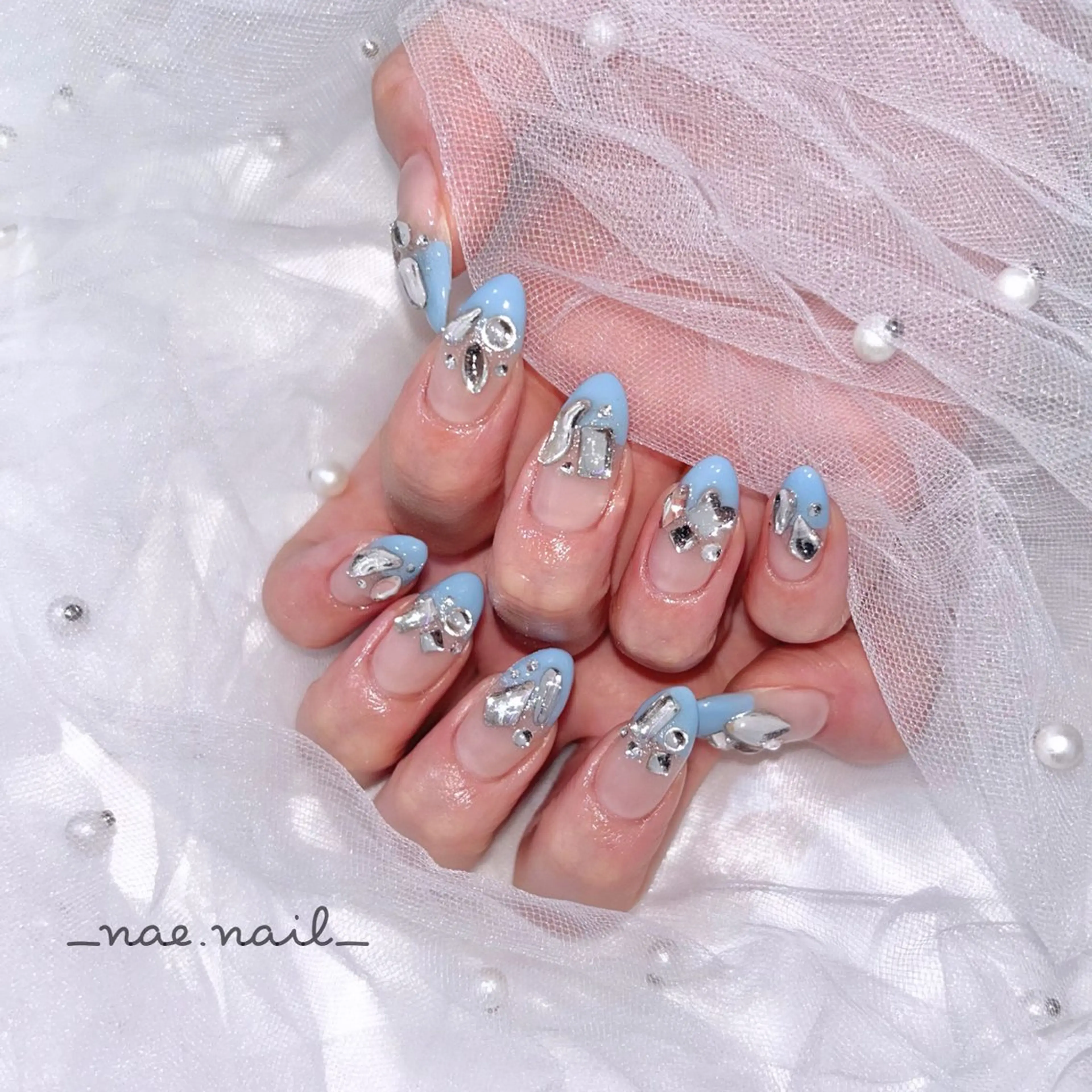 ネイル ブルー フレンチネイル 韓国ネイル 春ネイル 夏ネイル élu by Noriko 前原のネイルデザイン