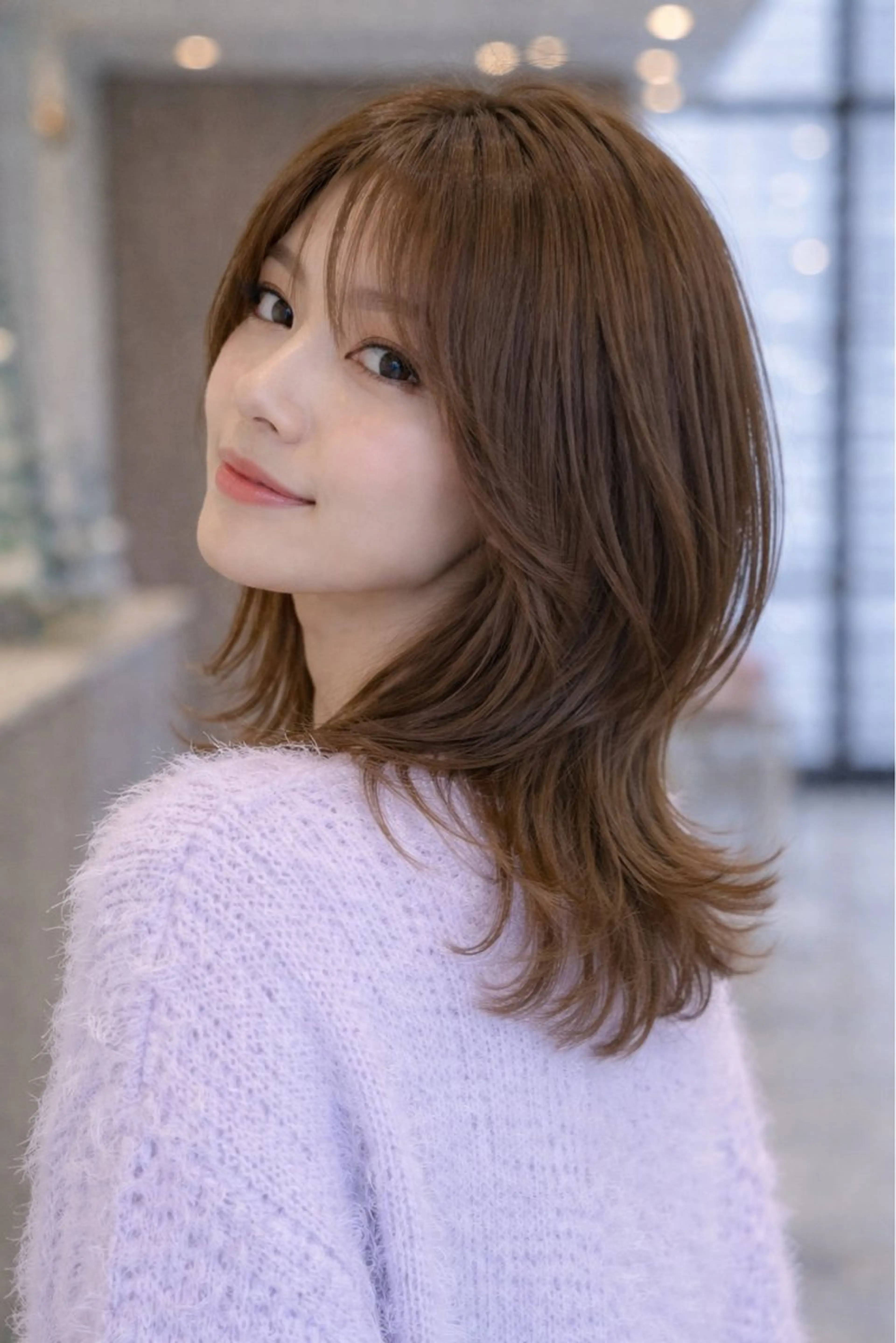 ミディアム レイヤーカット 外ハネヘア カット ヘアカラー トリートメント 齋藤 智佳のヘアスタイル