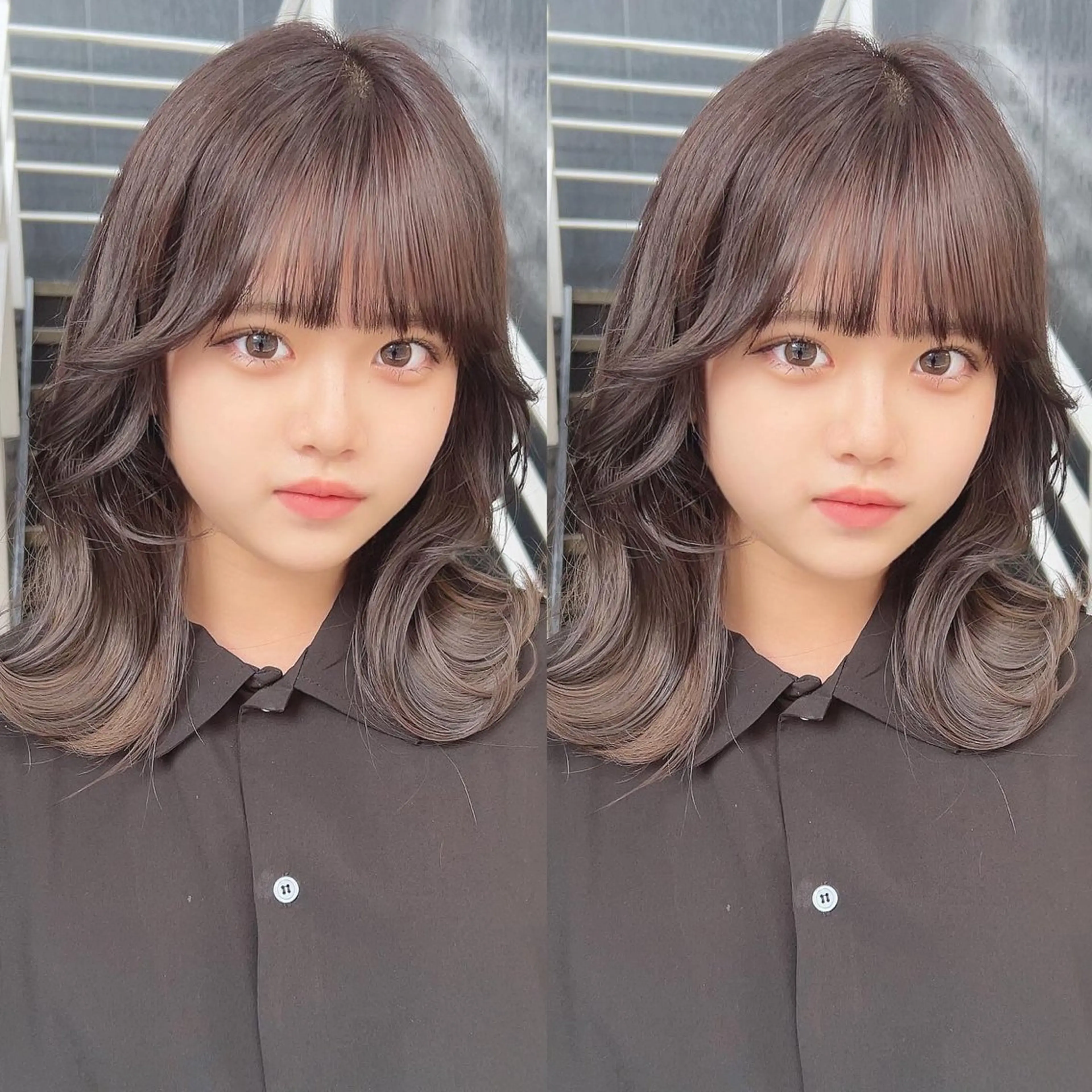 ミディアム カラー ヘアカラー 韓国🇰🇷レイヤー カットオリーブカラーのヘアスタイル