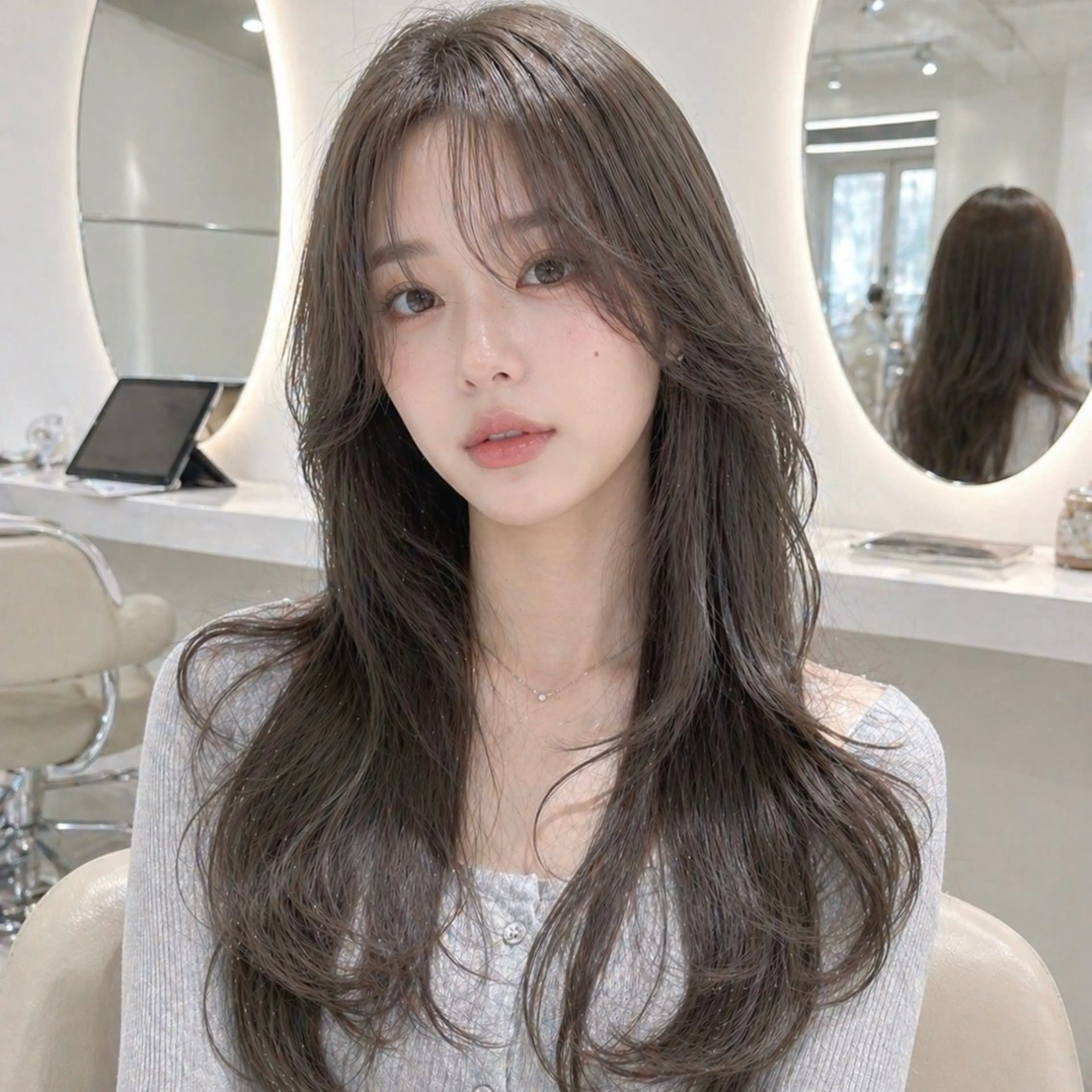 ロング カラー レイヤーカット カット ヘアカラー トリートメント 韓国ヘア/髪質改善/ レイヤー/ブラウンのヘアスタイル