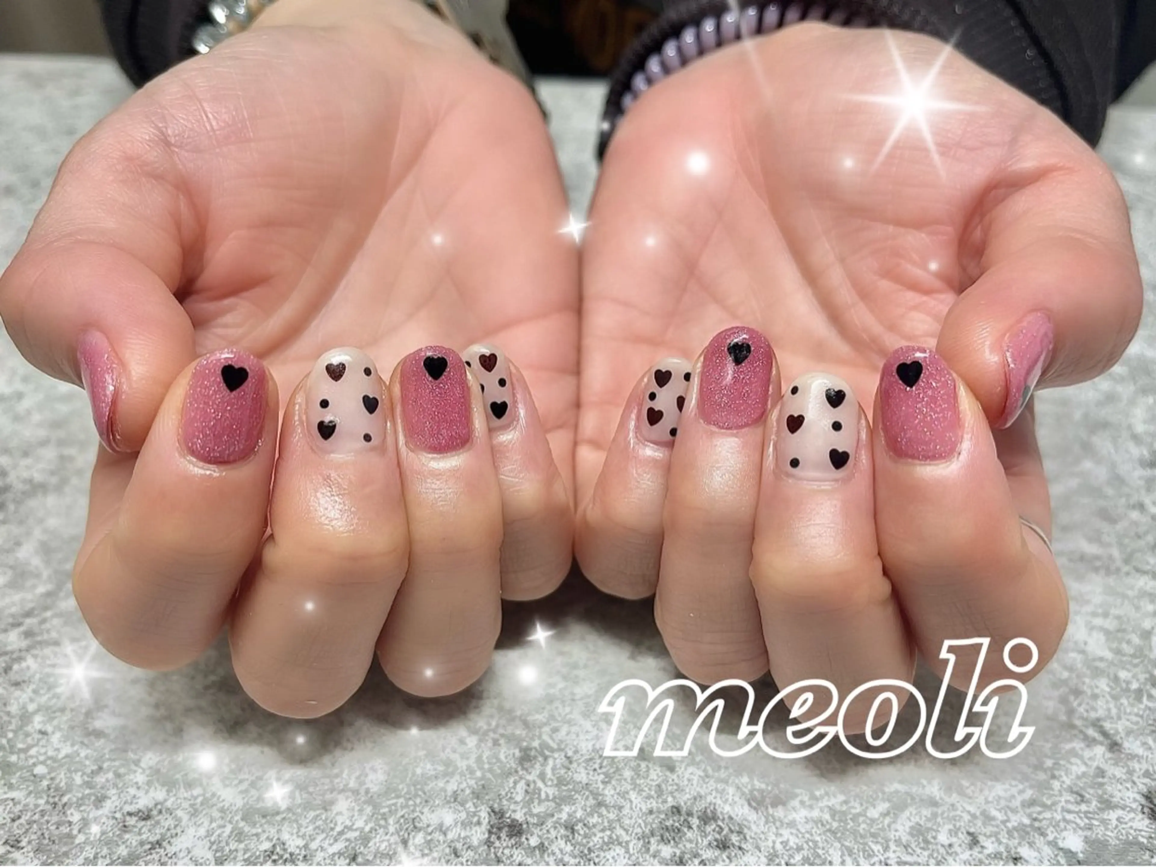 ネイル オーロラネイル ハート ラメ(グリッター) ピンク バレンタイン ハンドネイル nail salon meoli　アヤのネイルデザイン