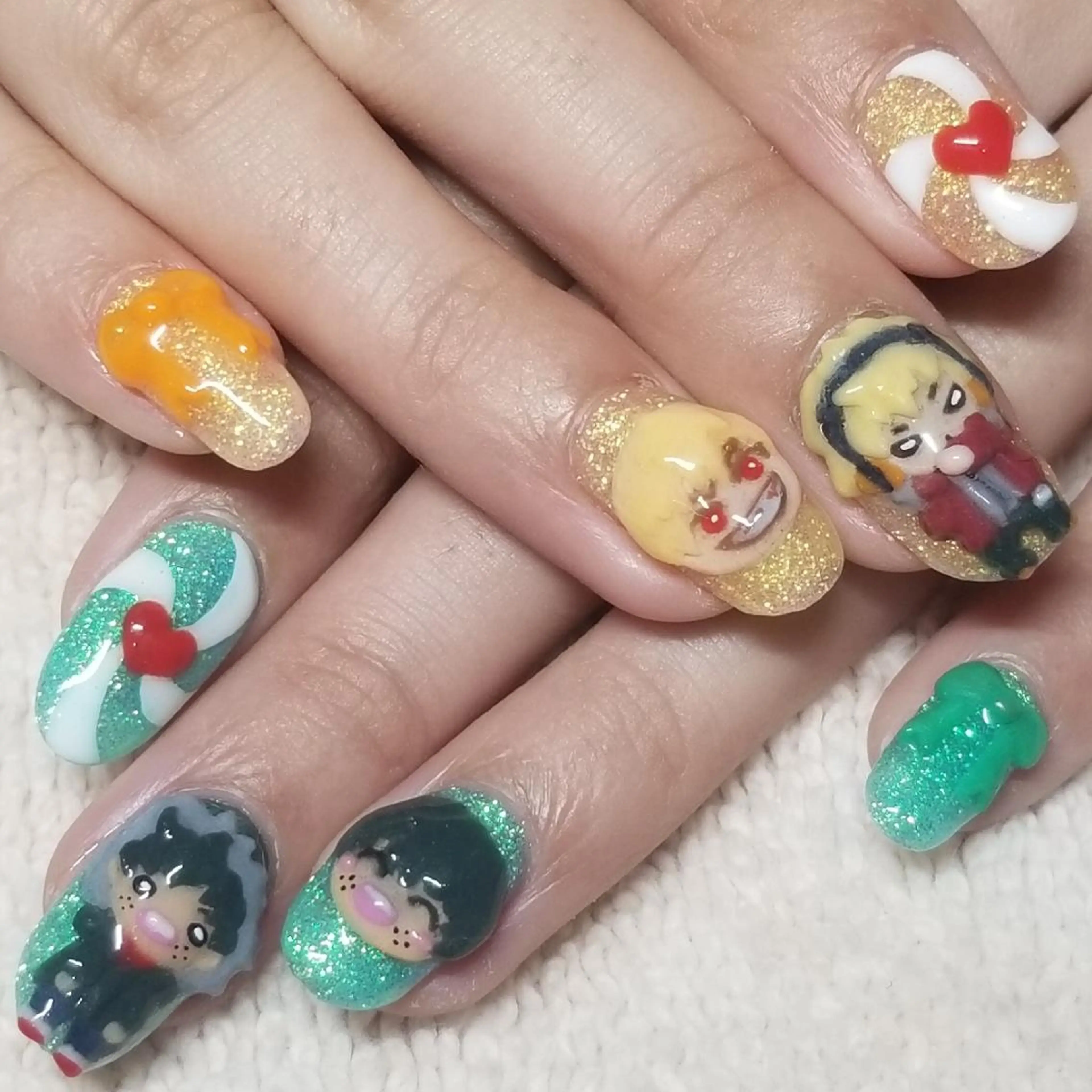 ネイル グリーン ラメ(グリッター) オレンジ ハンドネイル よしだ ひろきのネイルデザイン