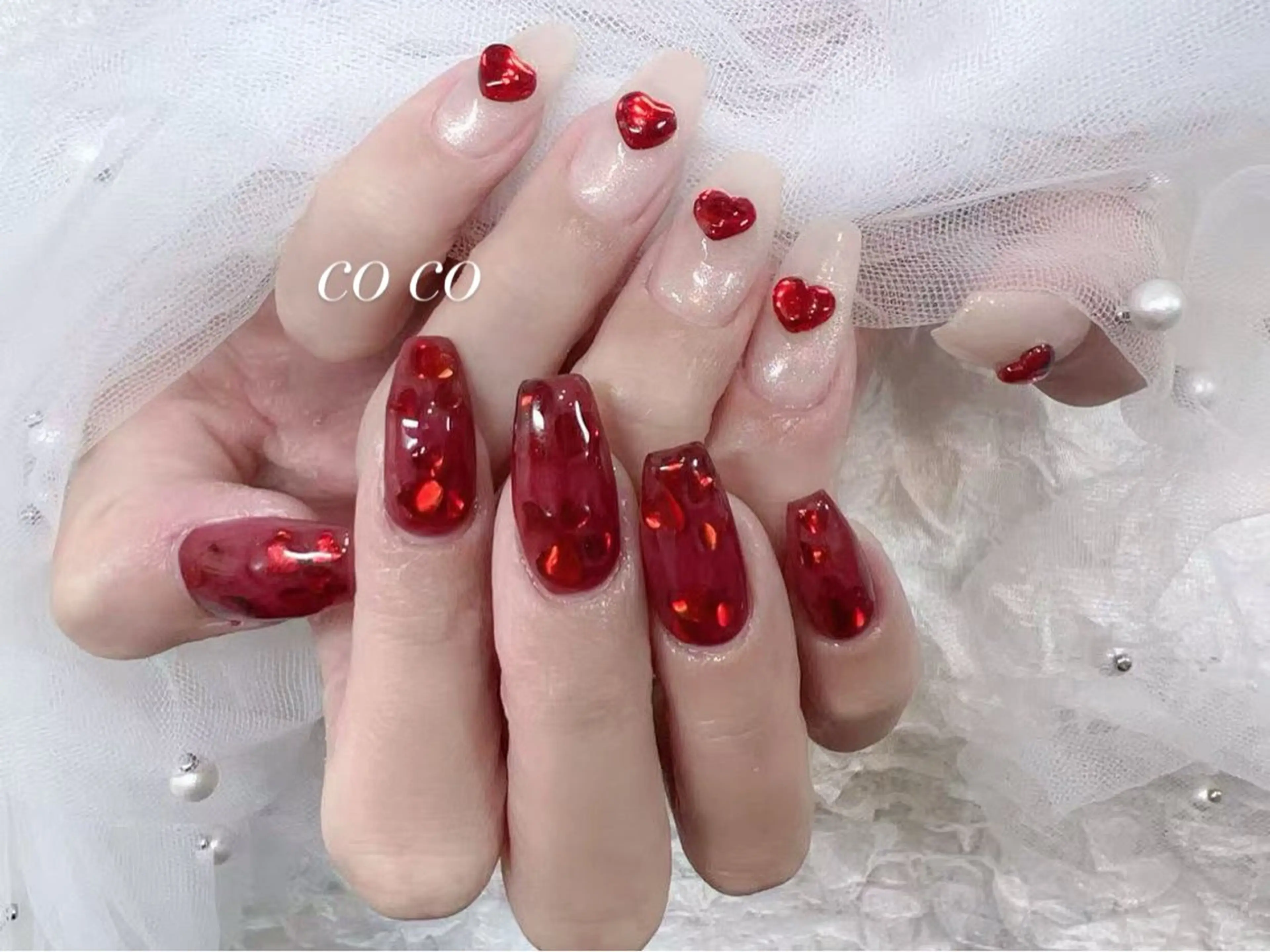 ネイル ボルドー ハート ぷっくりネイル COCO ネイルのネイルデザイン