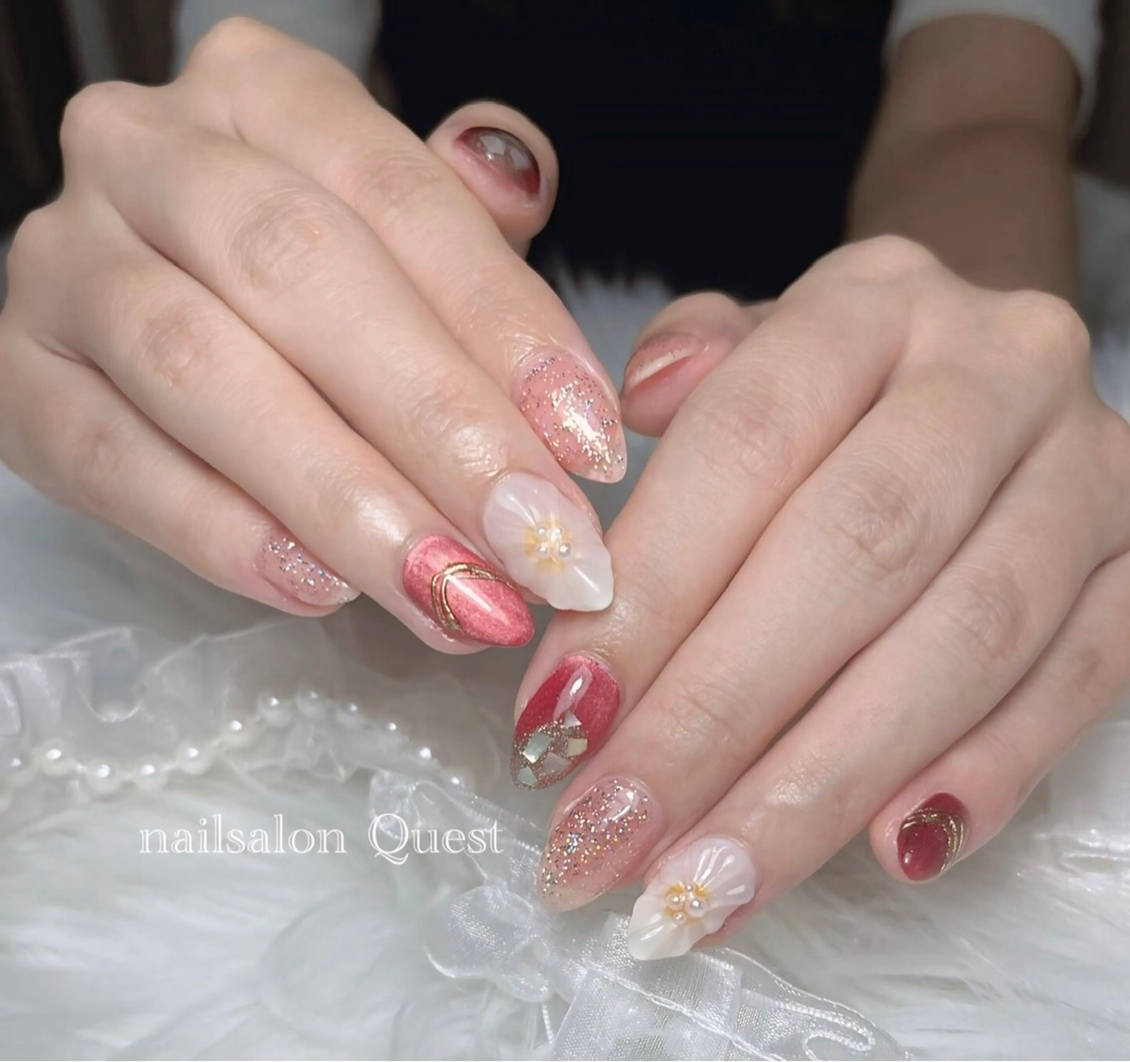 ネイル フラワーネイル キラキラネイル ぷっくりネイル nailsalon Questのネイルデザイン