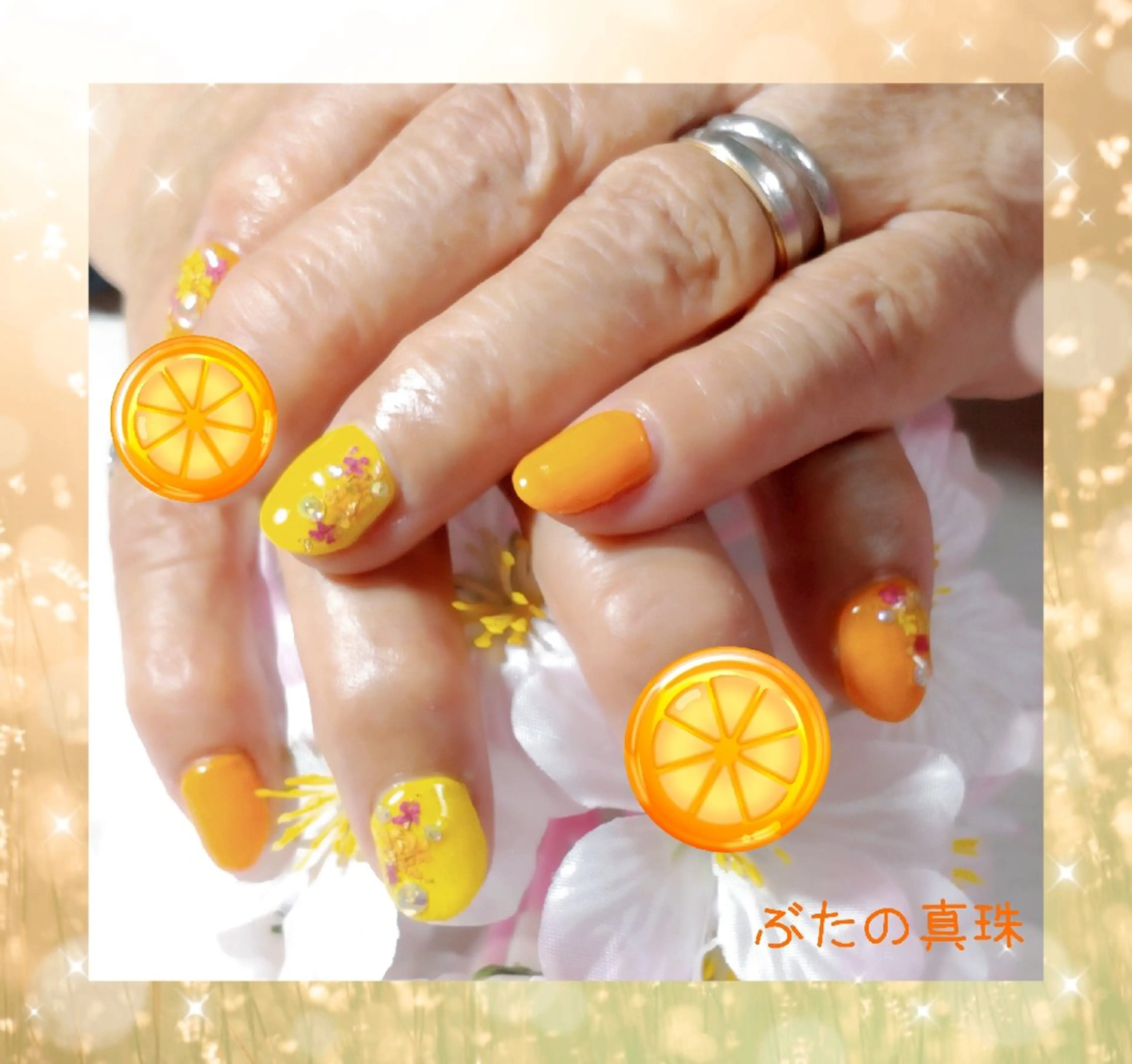 ネイル オレンジ 春ネイル 黄色 ハンドネイル 林 珠里のネイルデザイン