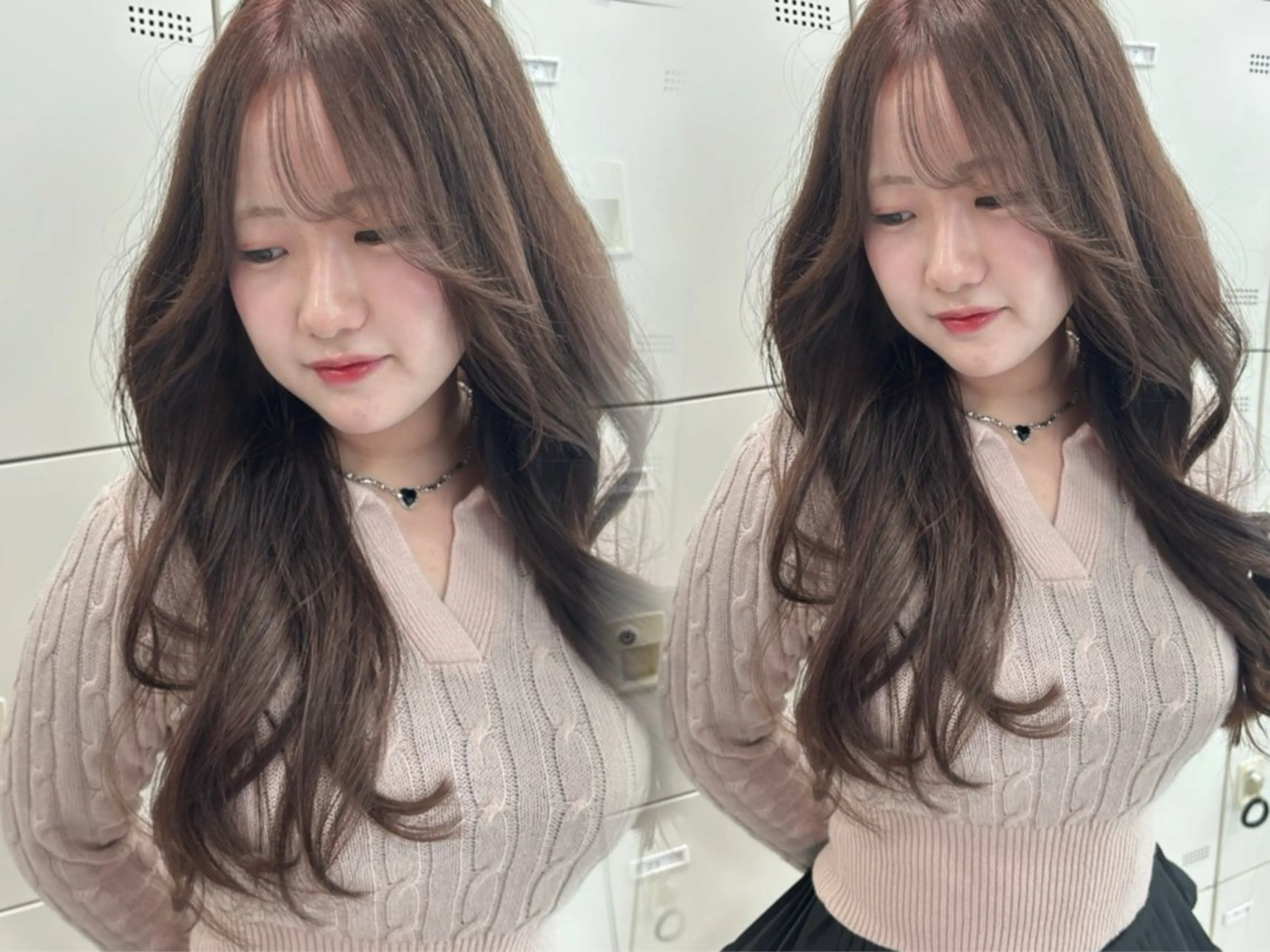 ロング カット ヘアカラー トリートメント 韓国ヘア/ブリーチ無 しWカラー/オリーブのヘアスタイル