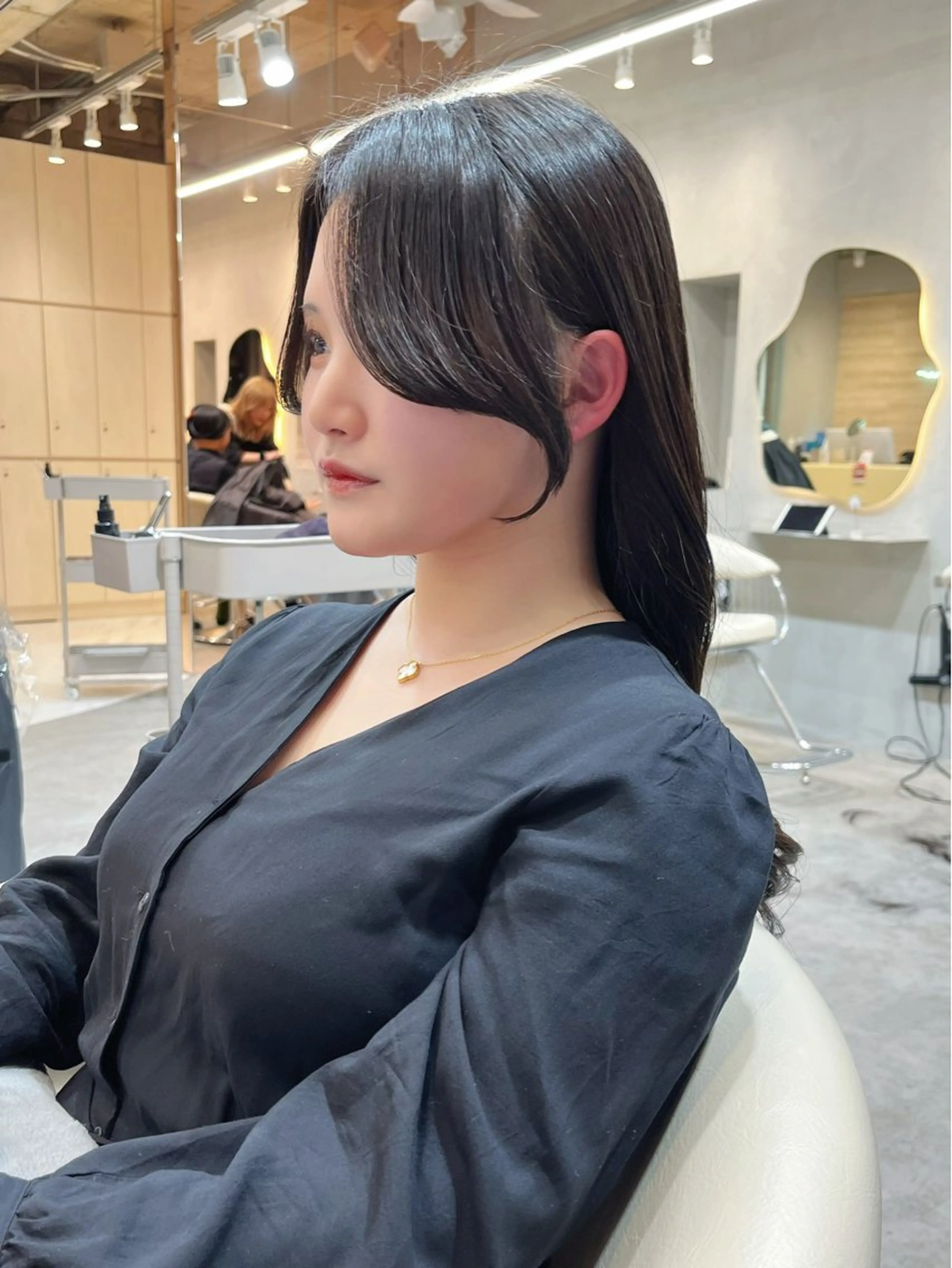 ロング カラー 黒髪 グレーブラック グレージュ 顔周りカット 韓国風ヘア レイヤーカット、ボブ GLROWのヘアスタイル
