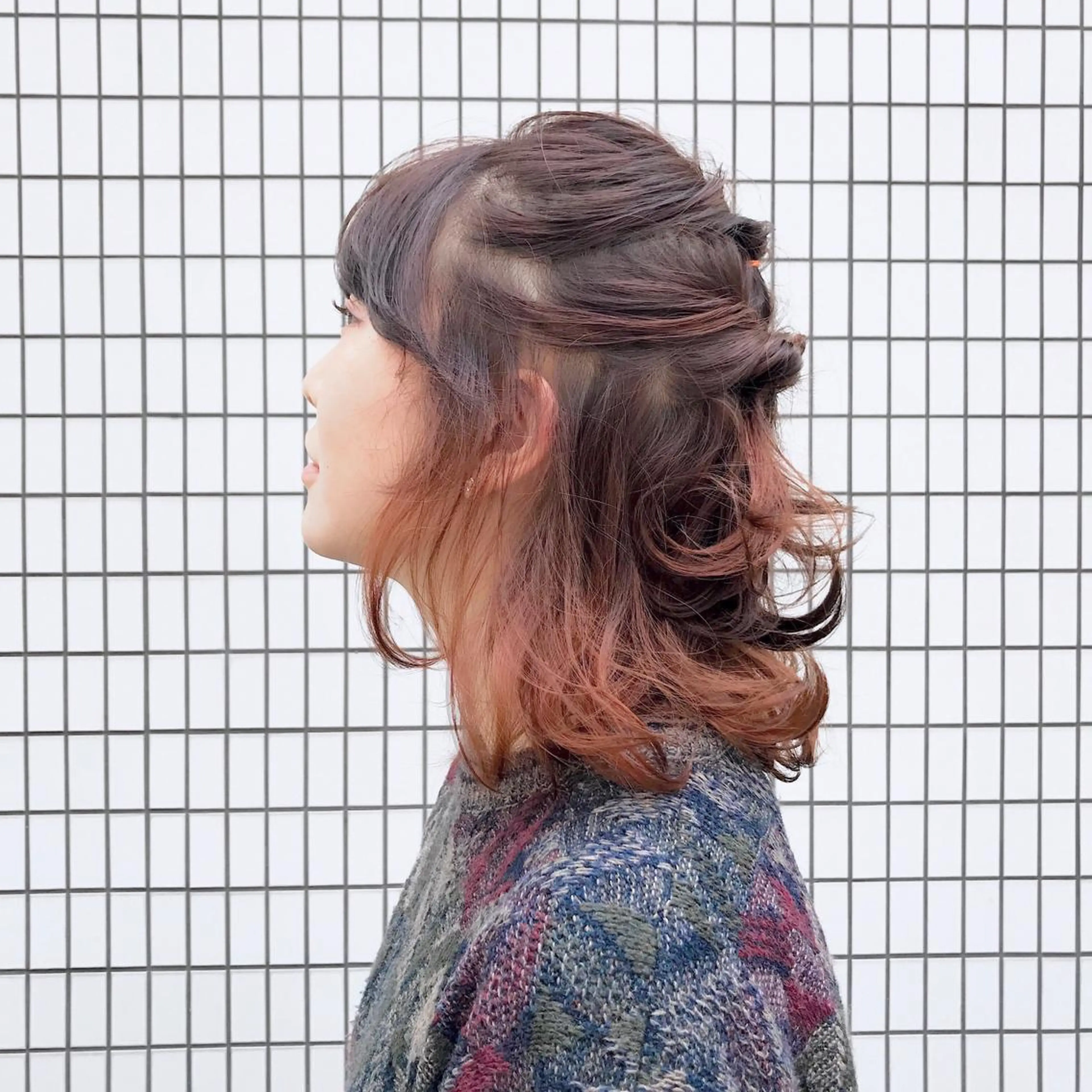 ミディアム カラー ヘアアレンジ ベージュカラー オレンジ ピンクカラー ピンクベージュ ブリーチなし透け感/ マンツーマン/Ryoのヘアスタイル